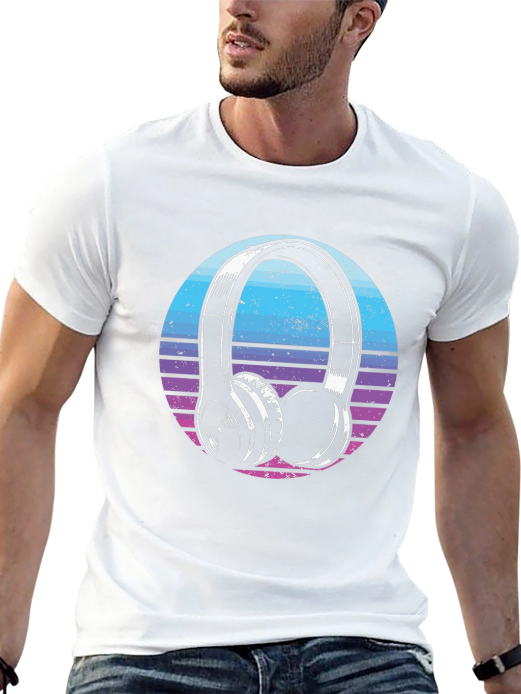 Retro Headphone Graphic Tee - Black Cotton Blend T-Shirt