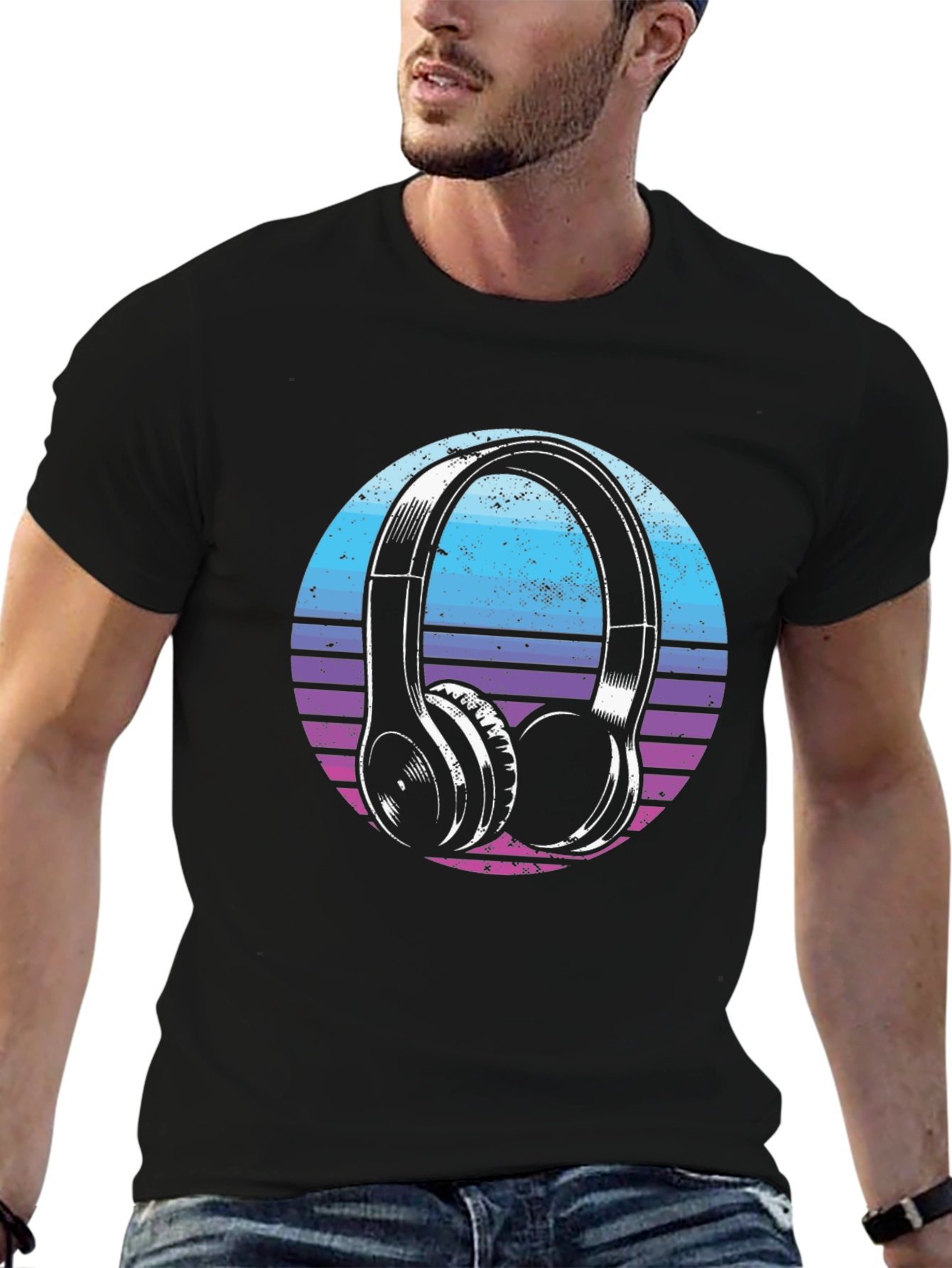 Retro Headphone Graphic Tee - Black Cotton Blend T-Shirt