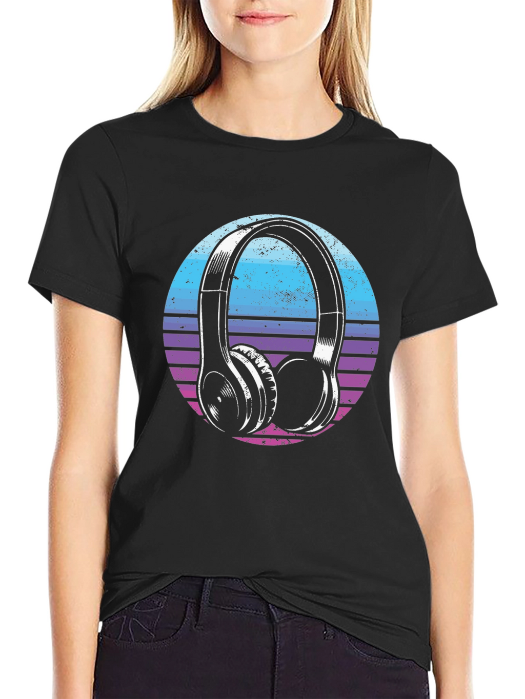Retro Headphone Graphic Tee - Black Cotton Blend T-Shirt
