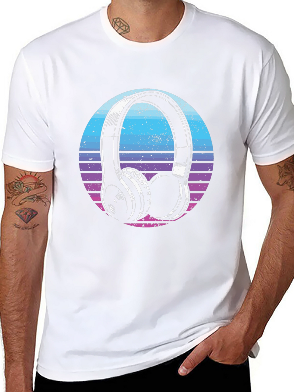 Retro Headphone Graphic Tee - Black Cotton Blend T-Shirt
