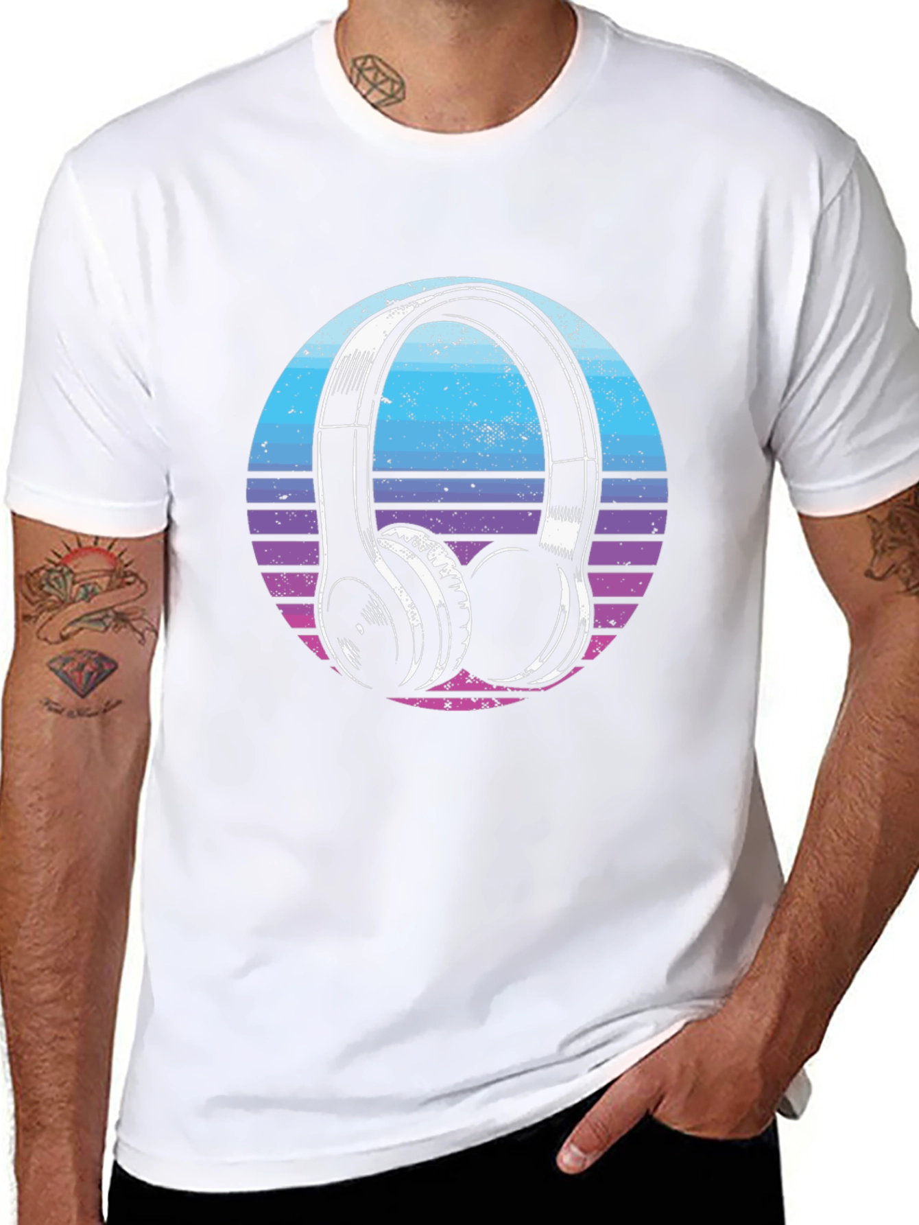 Retro Headphone Graphic Tee - Black Cotton Blend T-Shirt