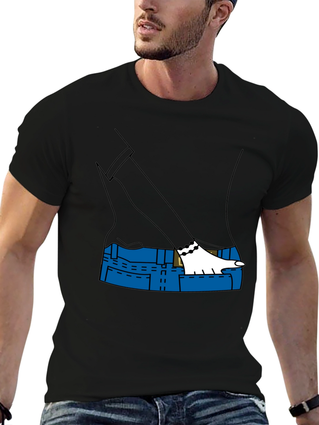 Cartoon Denim Pocket T-Shirt - Black