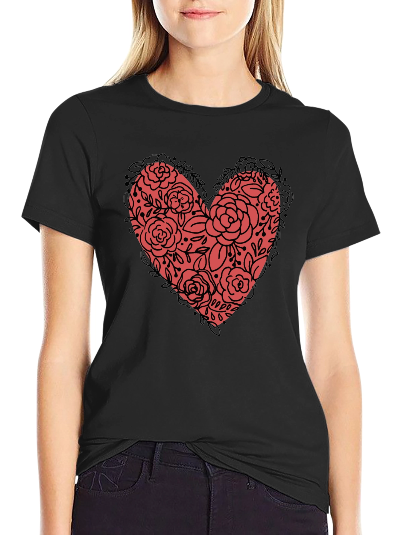 Floral Heart Graphic Tee - Black Unisex