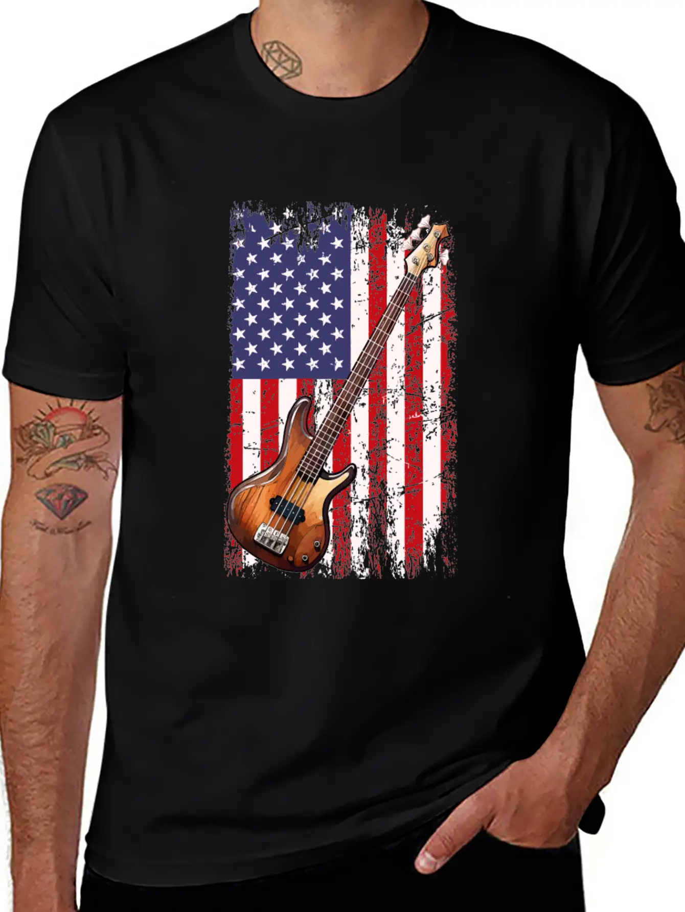 Bass Guitar American Flag, Funny Bass Player Stylish Everyday T-Shirt – Unisex Basic Cotton Tee