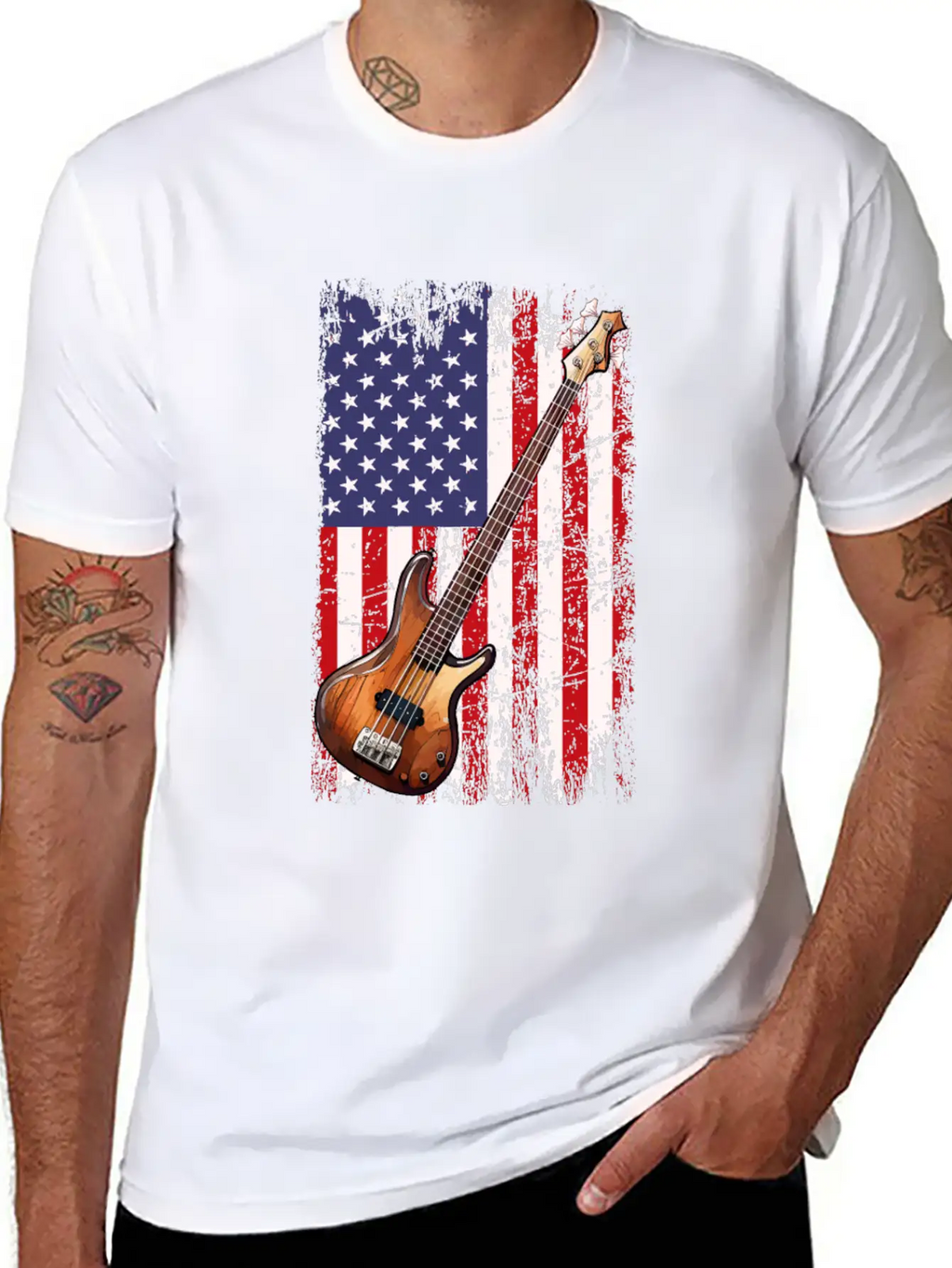 Bass Guitar American Flag, Funny Bass Player Stylish Everyday T-Shirt – Unisex Basic Cotton Tee