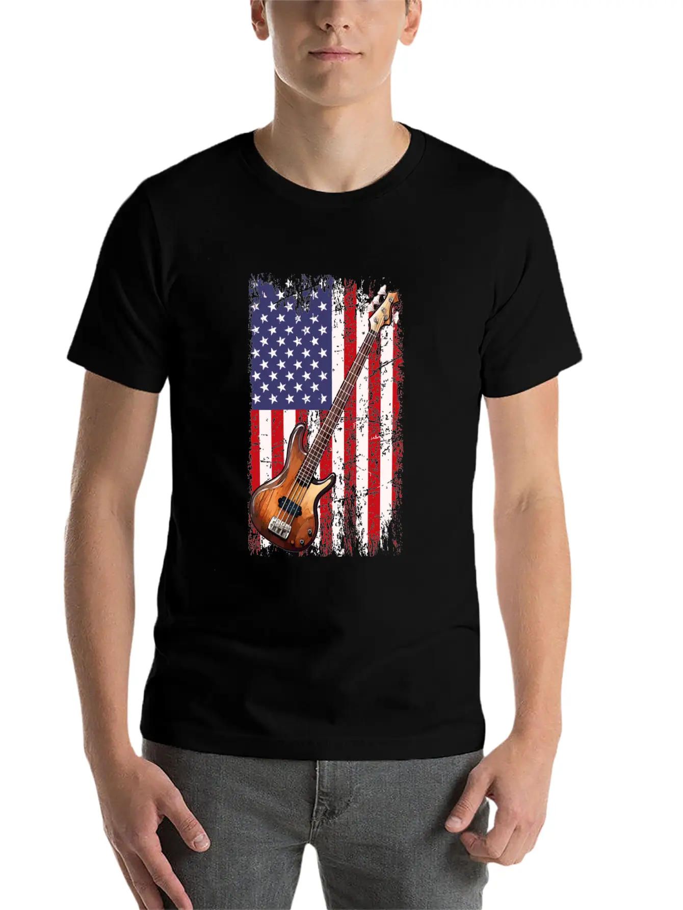 Bass Guitar American Flag, Funny Bass Player Stylish Everyday T-Shirt – Unisex Basic Cotton Tee