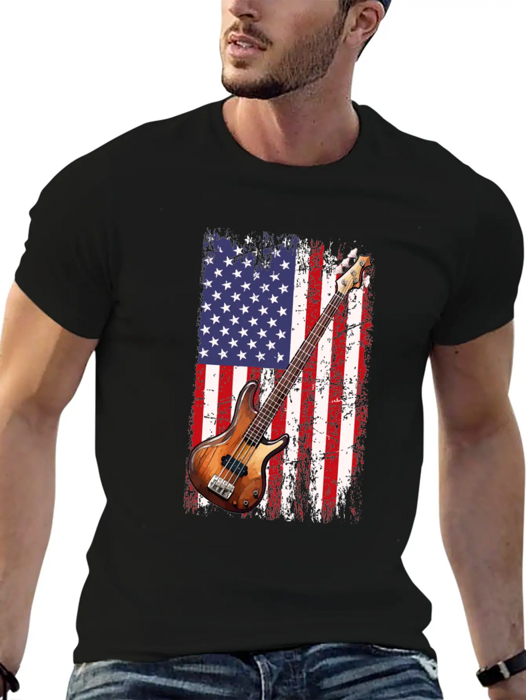 Bass Guitar American Flag, Funny Bass Player Stylish Everyday T-Shirt – Unisex Basic Cotton Tee