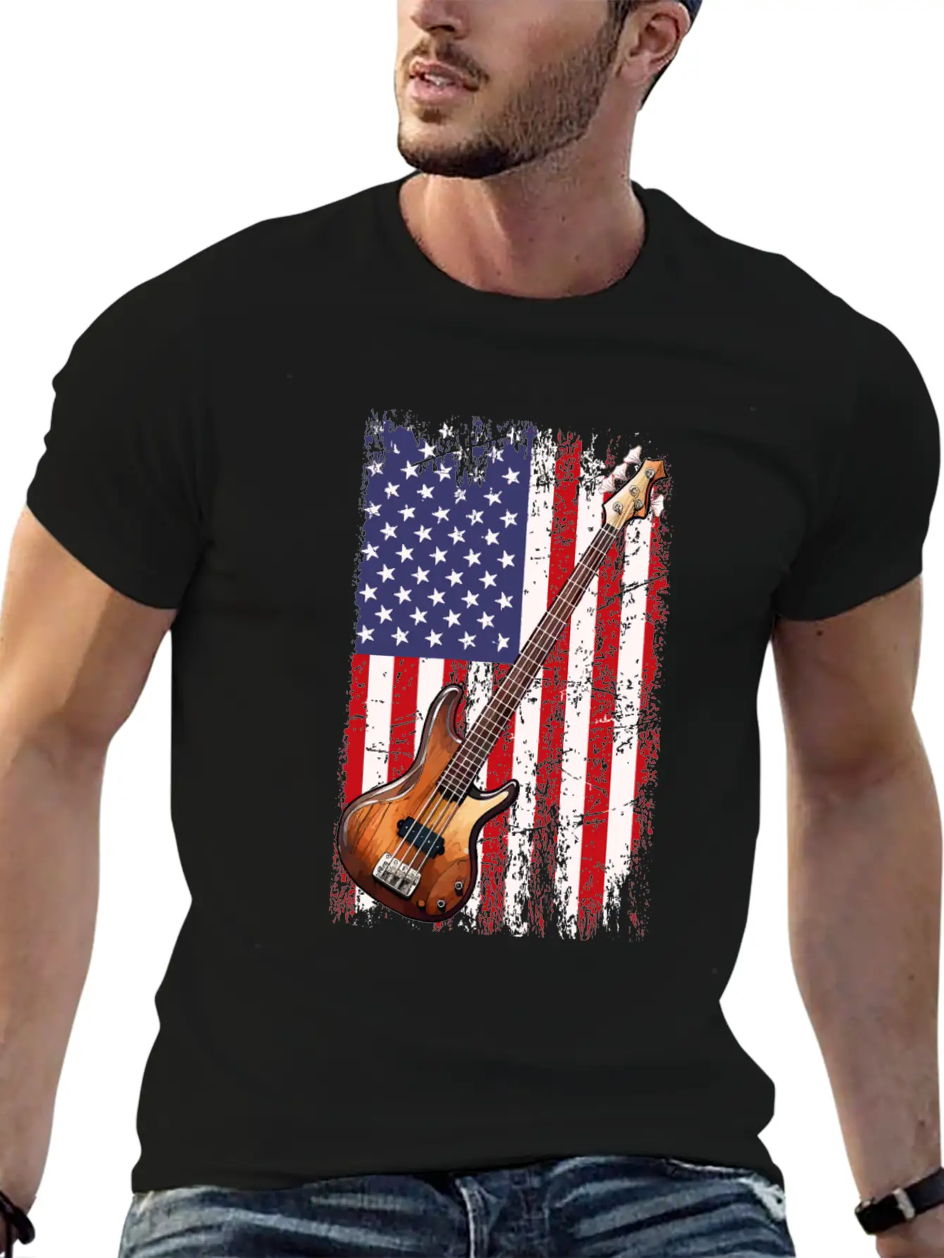 Bass Guitar American Flag, Funny Bass Player Stylish Everyday T-Shirt – Unisex Basic Cotton Tee