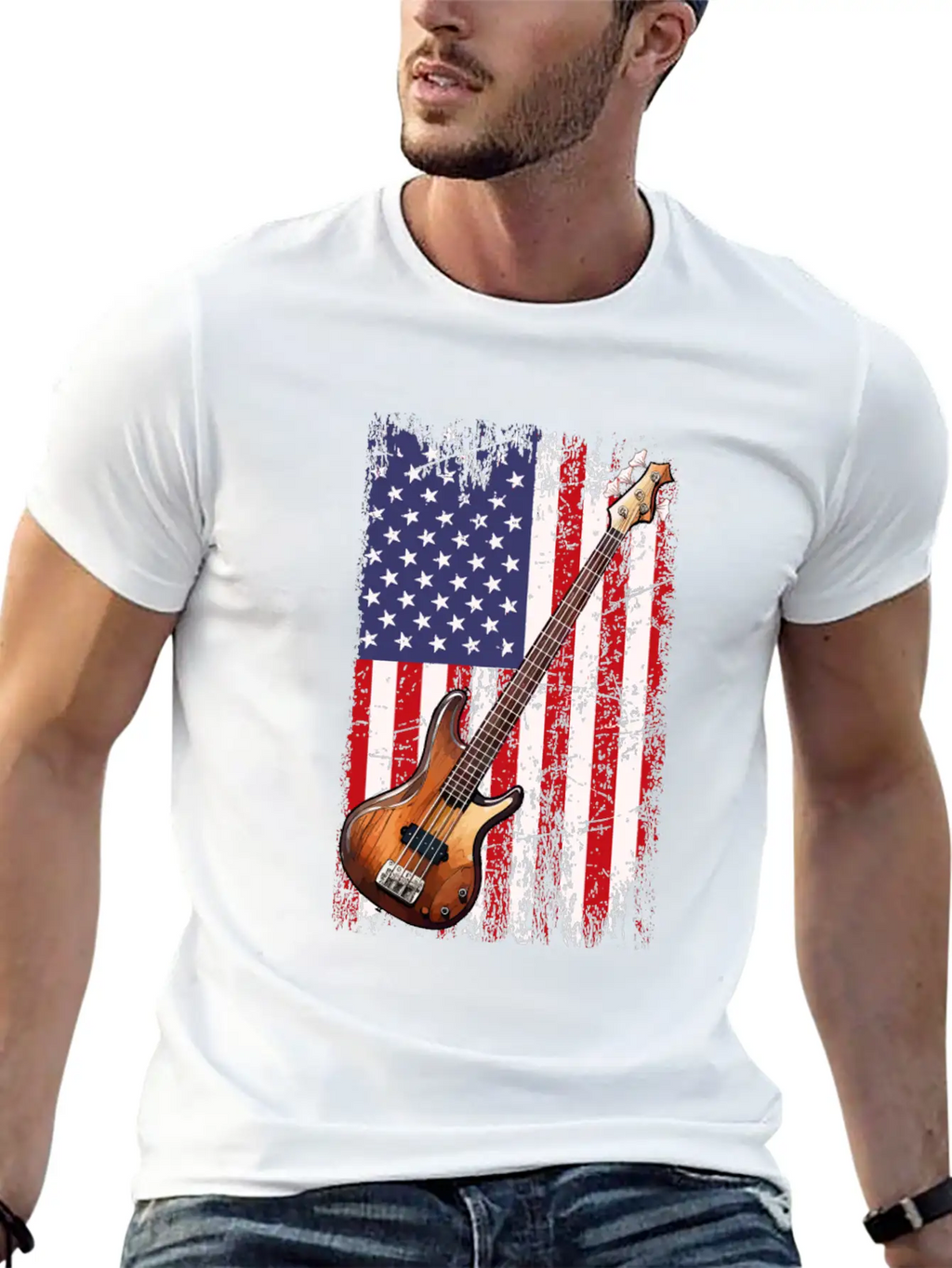 Bass Guitar American Flag, Funny Bass Player Stylish Everyday T-Shirt – Unisex Basic Cotton Tee