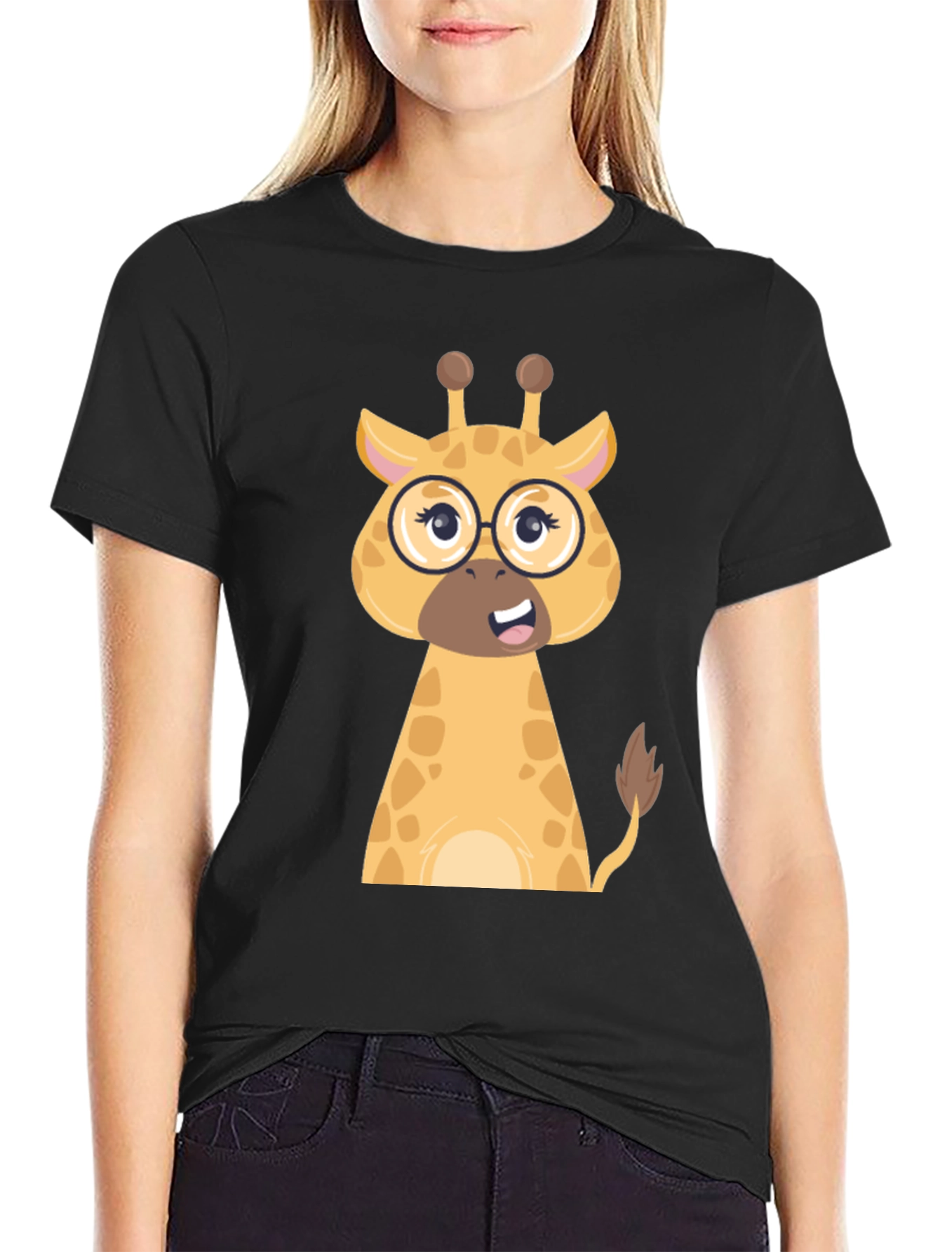 Giraffe with Glasses Graphic Tee - Black