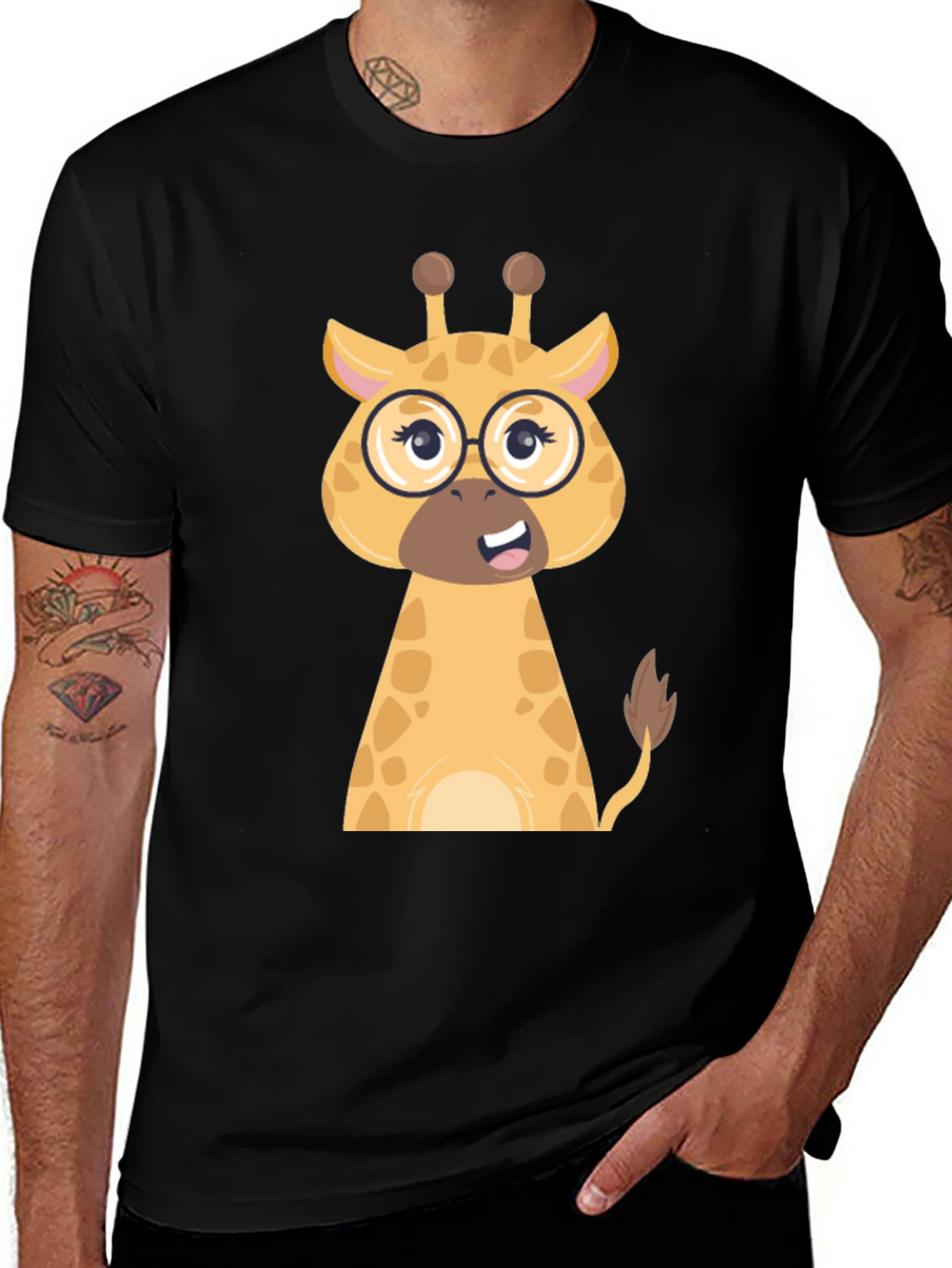 Giraffe with Glasses Graphic Tee - Black