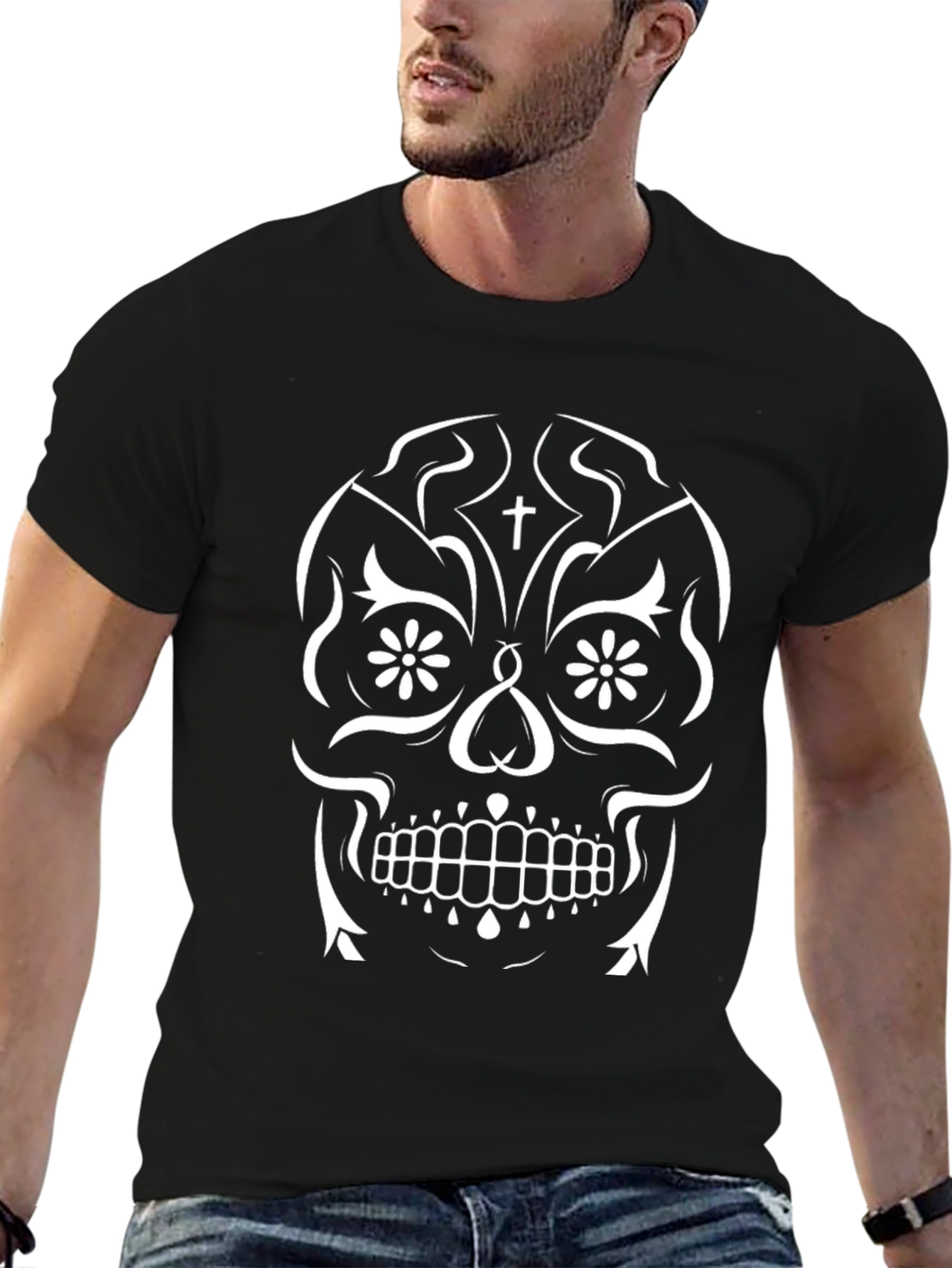 Sugar Skull Graphic Tee - Black Cotton T-Shirt