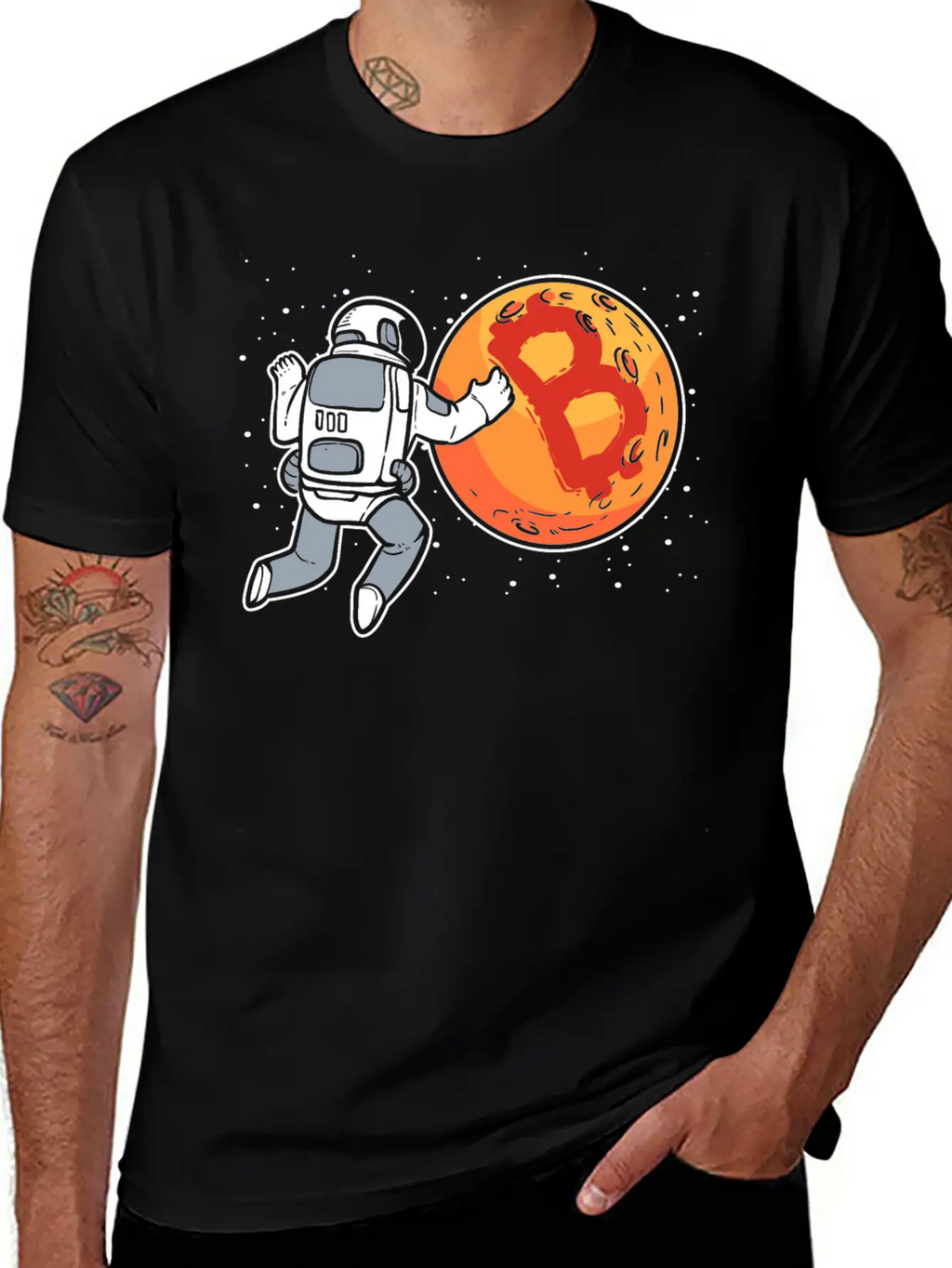 Bitcoin To The Moon Astronaut Funny Crypto Stylish Everyday T-Shirt – Unisex Basic Cotton Tee