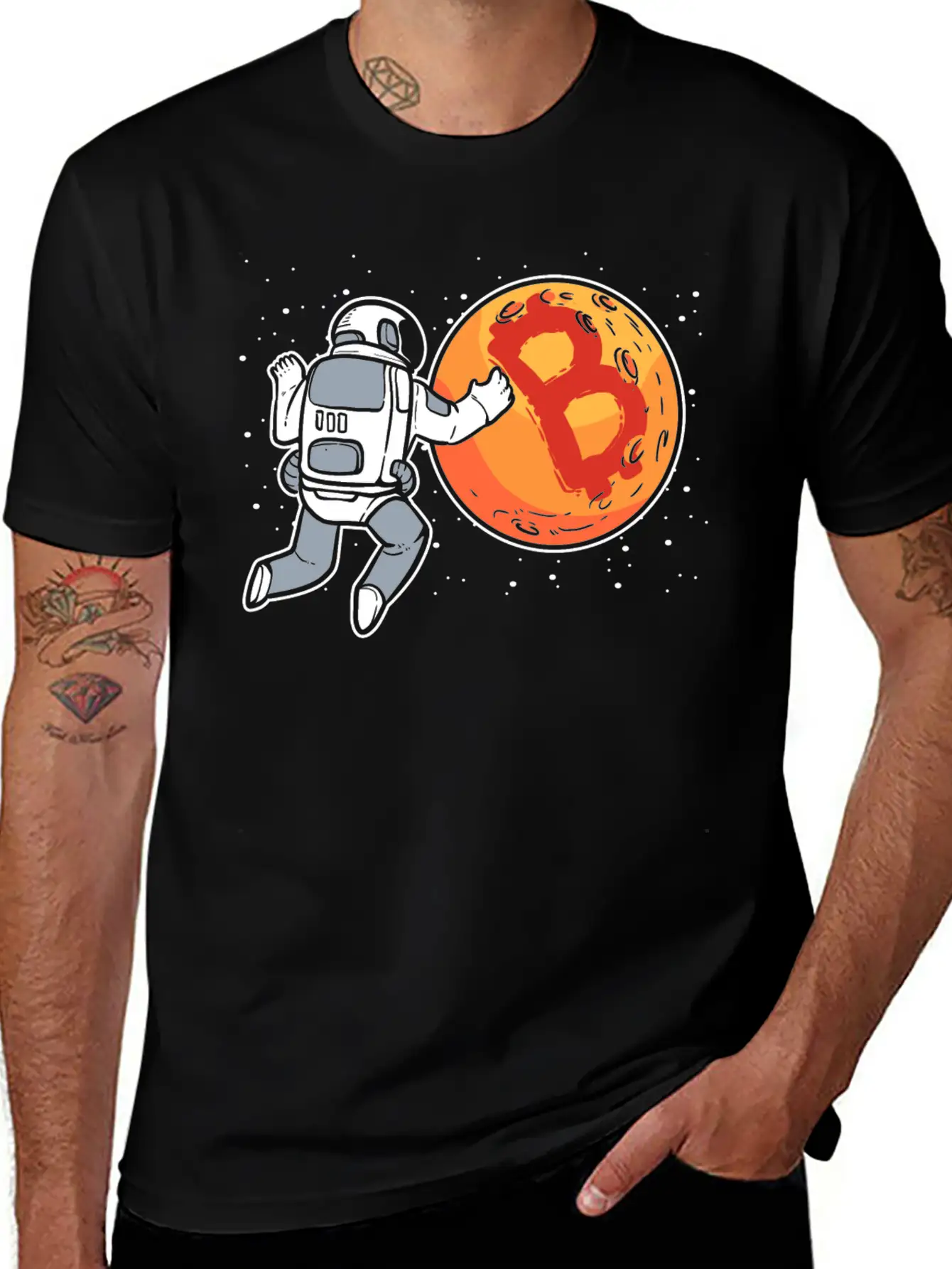 Bitcoin To The Moon Astronaut Funny Crypto Stylish Everyday T-Shirt – Unisex Basic Cotton Tee
