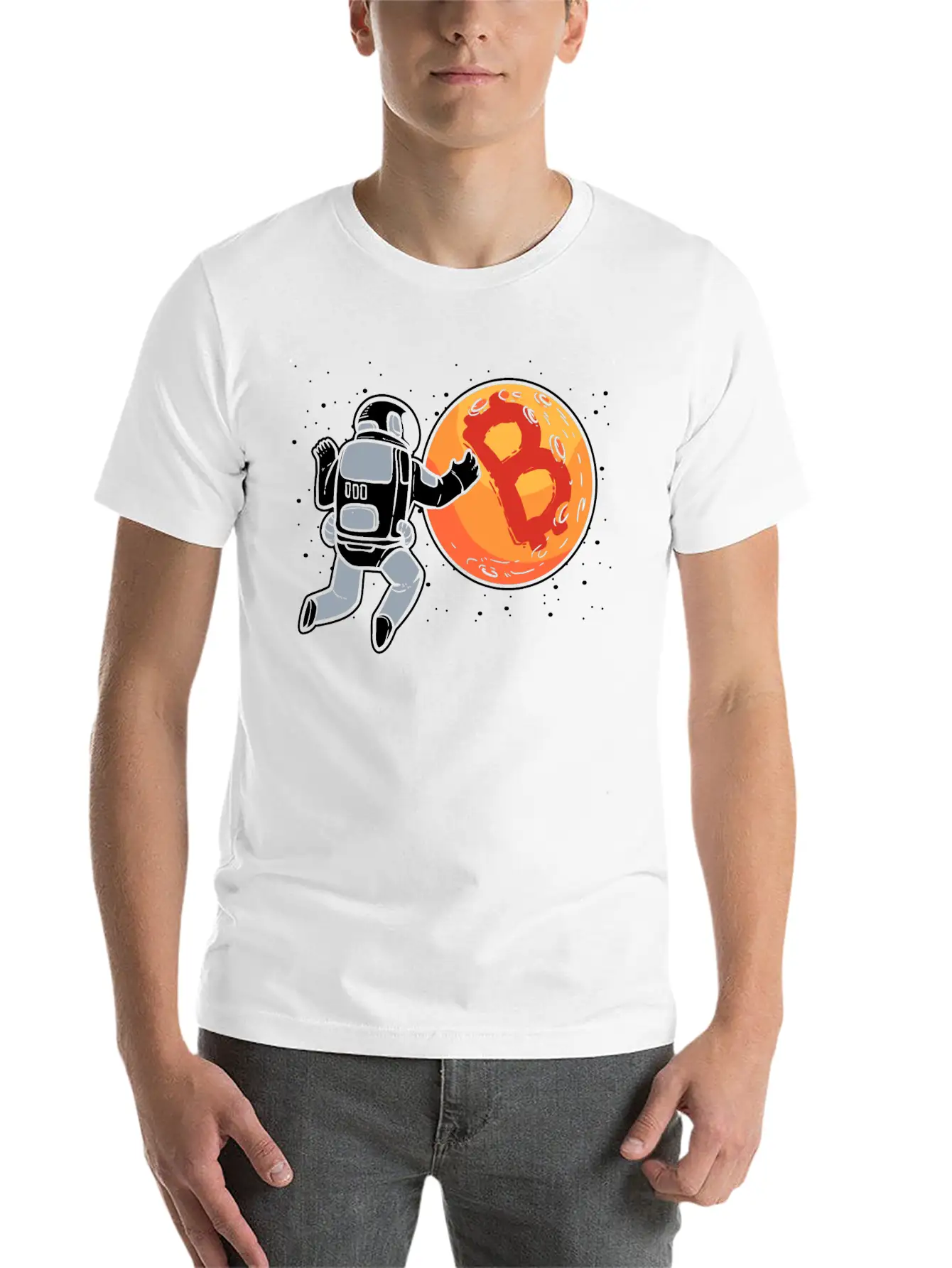 Bitcoin To The Moon Astronaut Funny Crypto Stylish Everyday T-Shirt – Unisex Basic Cotton Tee