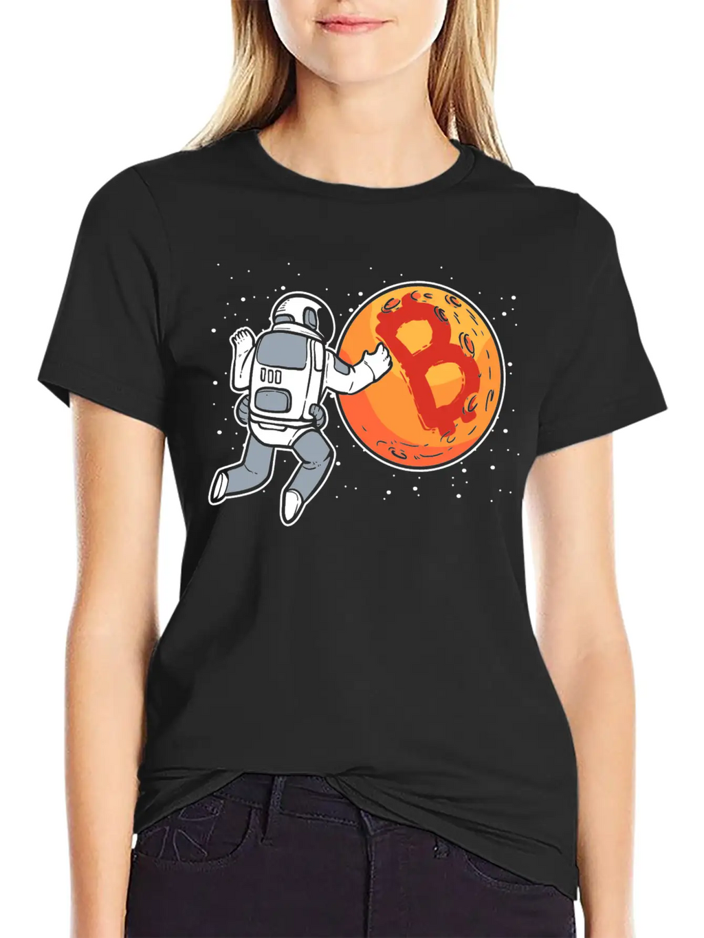 Bitcoin To The Moon Astronaut Funny Crypto Stylish Everyday T-Shirt – Unisex Basic Cotton Tee