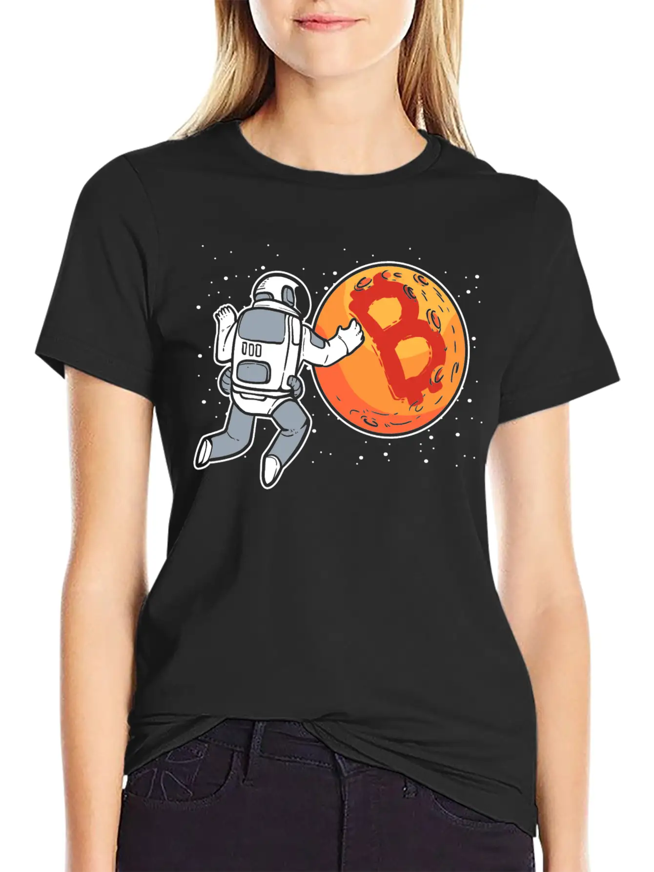 Bitcoin To The Moon Astronaut Funny Crypto Stylish Everyday T-Shirt – Unisex Basic Cotton Tee