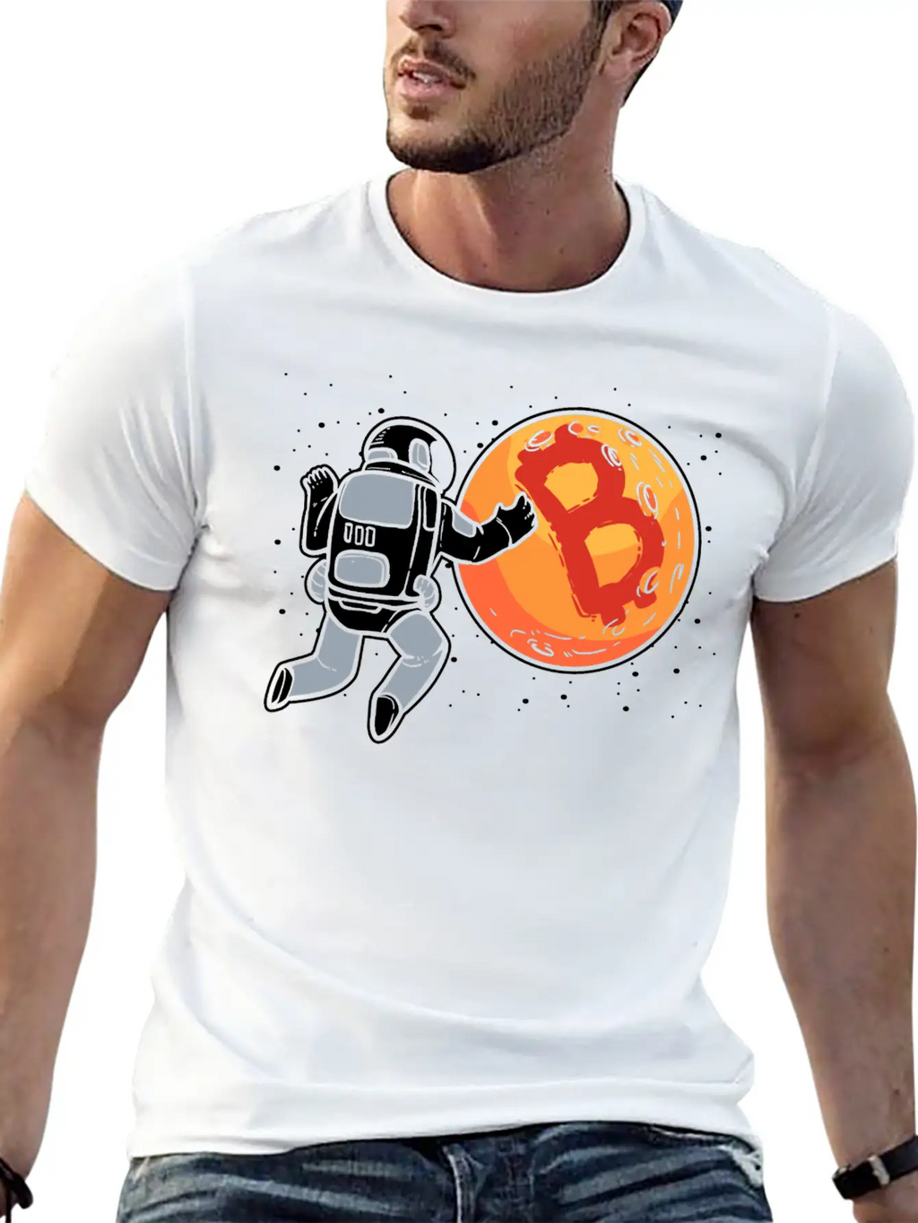 Bitcoin To The Moon Astronaut Funny Crypto Stylish Everyday T-Shirt – Unisex Basic Cotton Tee