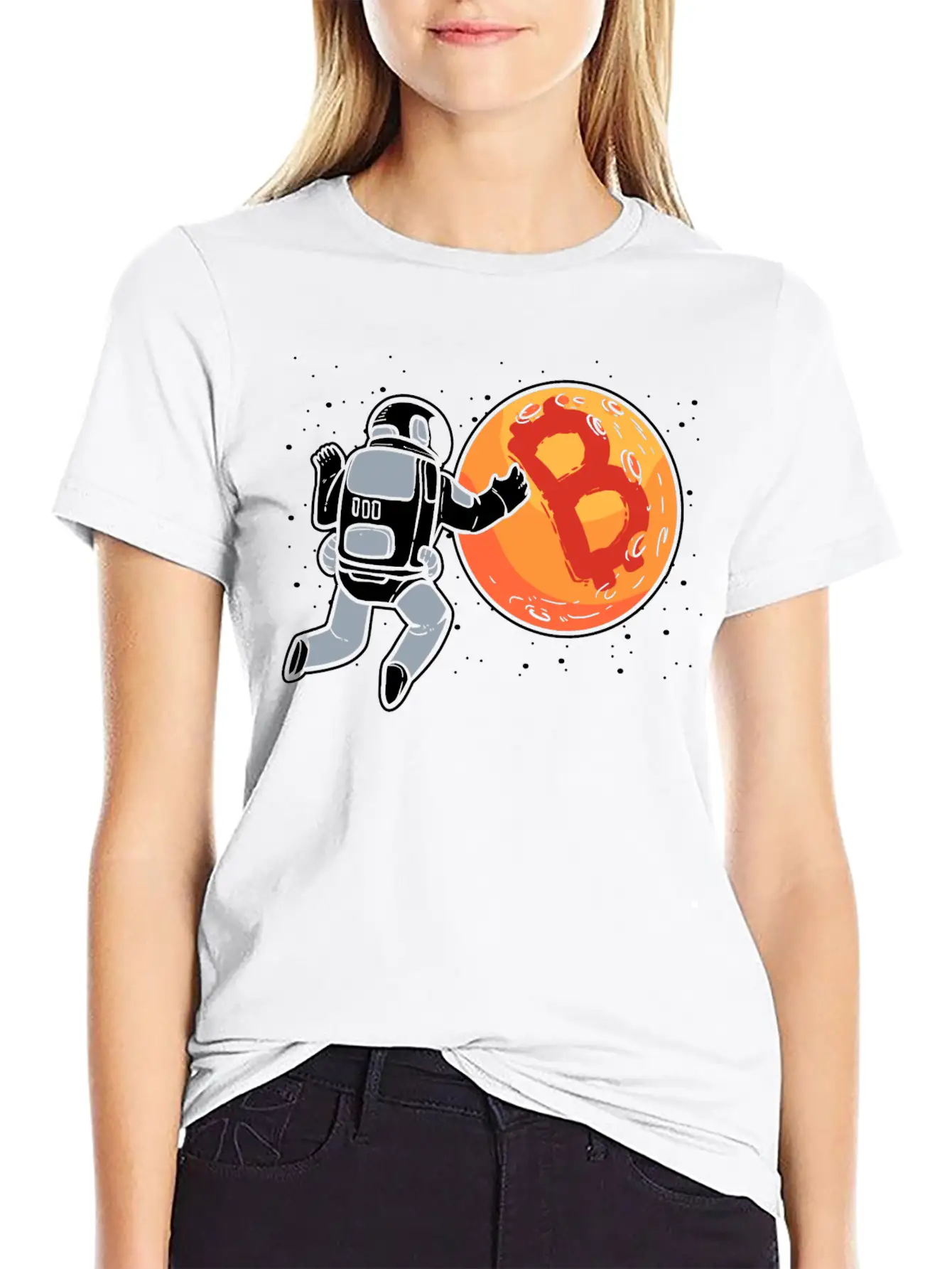 Bitcoin To The Moon Astronaut Funny Crypto Stylish Everyday T-Shirt – Unisex Basic Cotton Tee