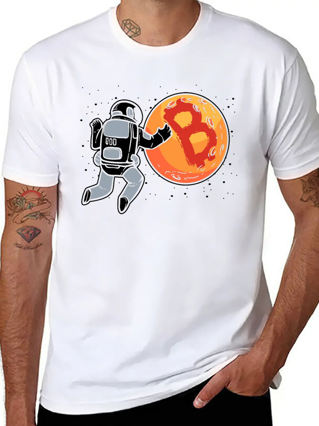 Bitcoin To The Moon Astronaut Funny Crypto Stylish Everyday T-Shirt – Unisex Basic Cotton Tee