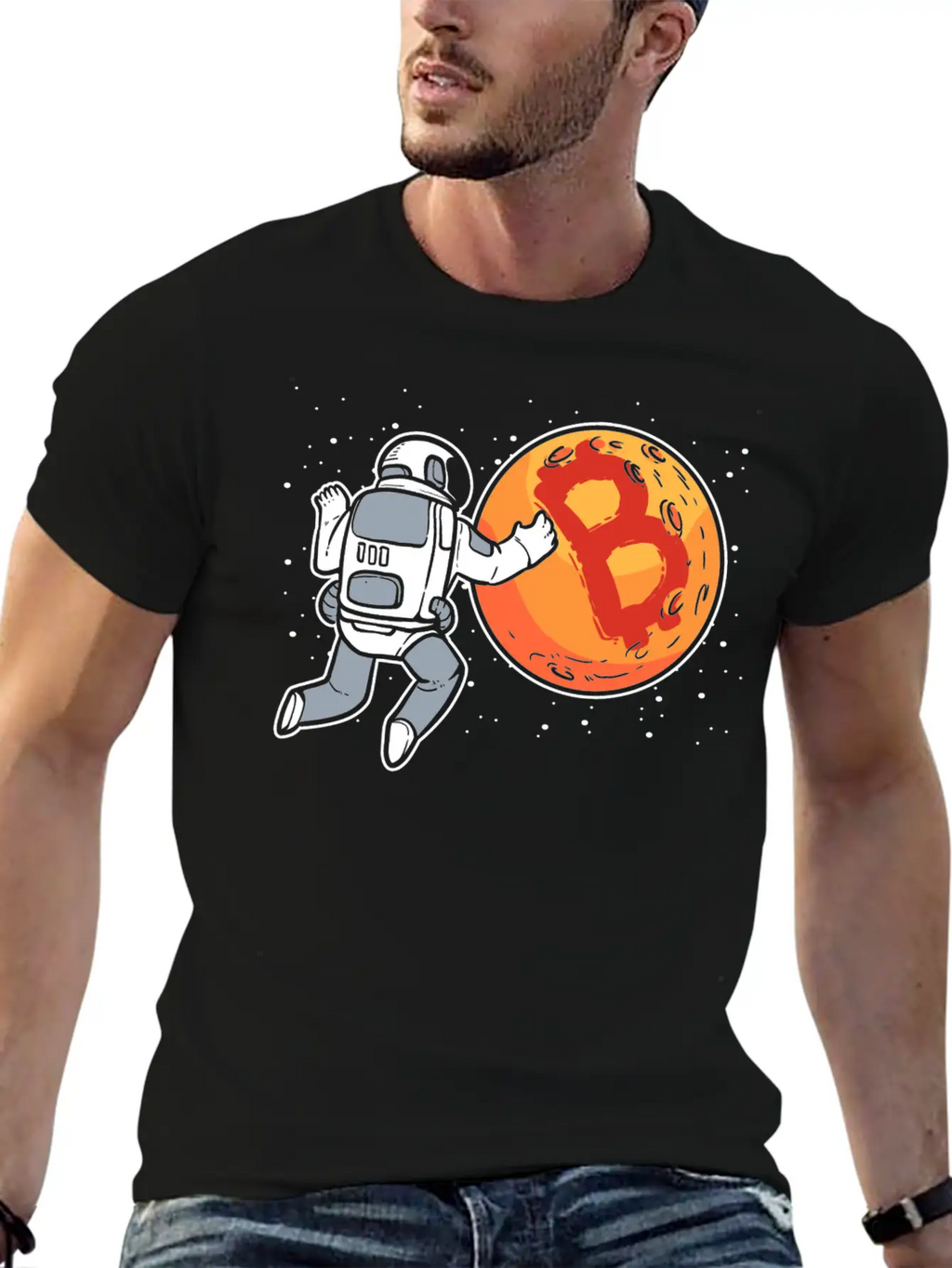 Bitcoin To The Moon Astronaut Funny Crypto Stylish Everyday T-Shirt – Unisex Basic Cotton Tee