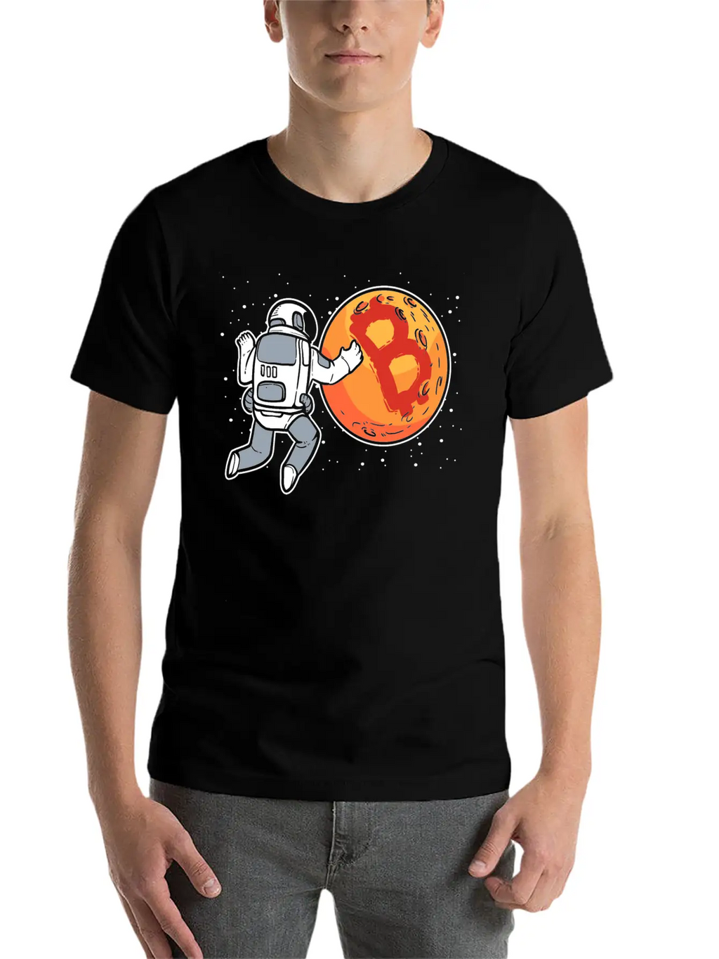 Bitcoin To The Moon Astronaut Funny Crypto Stylish Everyday T-Shirt – Unisex Basic Cotton Tee