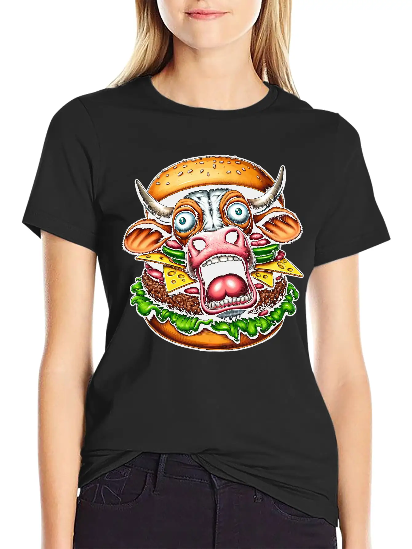 Bizarre Halloween Burger Screaming Cow Horror Unisex Casual T-Shirt – Clean Design For Daily Comfort