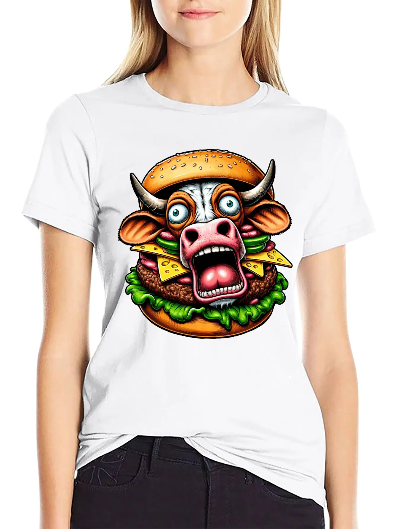 Bizarre Halloween Burger Screaming Cow Horror Unisex Casual T-Shirt – Clean Design For Daily Comfort