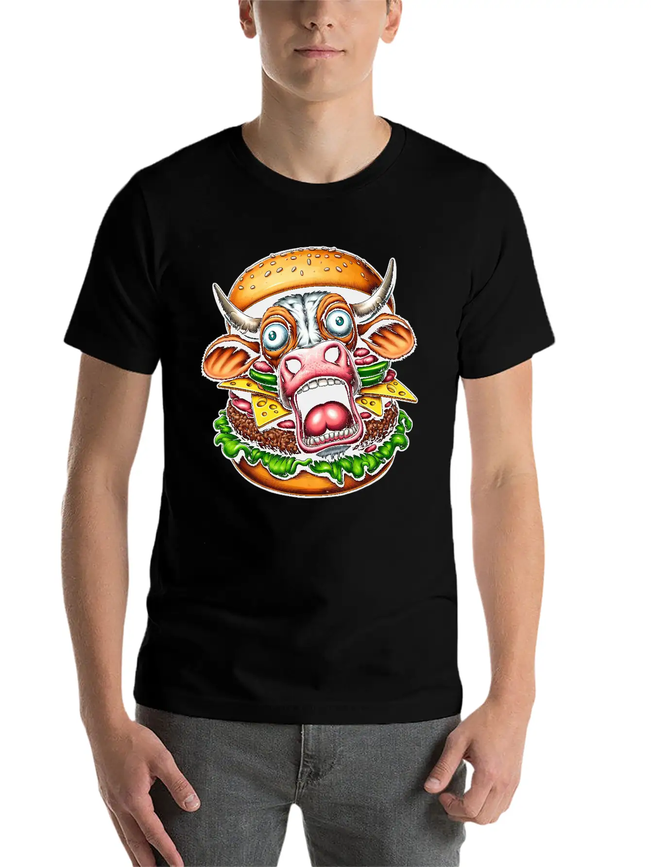 Bizarre Halloween Burger Screaming Cow Horror Unisex Casual T-Shirt – Clean Design For Daily Comfort