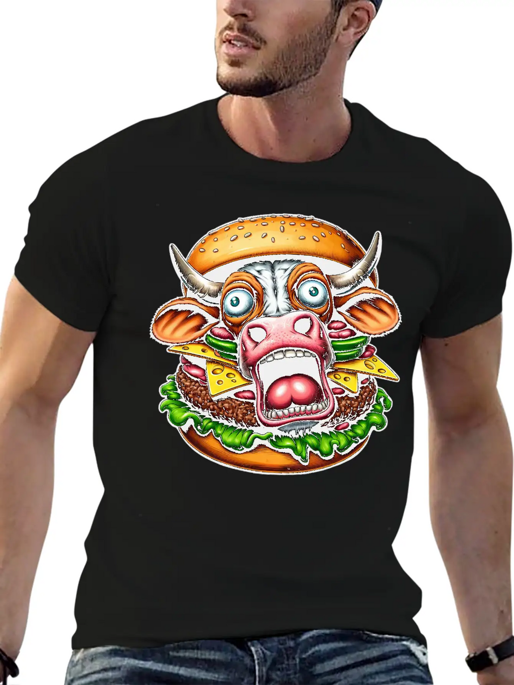 Bizarre Halloween Burger Screaming Cow Horror Unisex Casual T-Shirt – Clean Design For Daily Comfort
