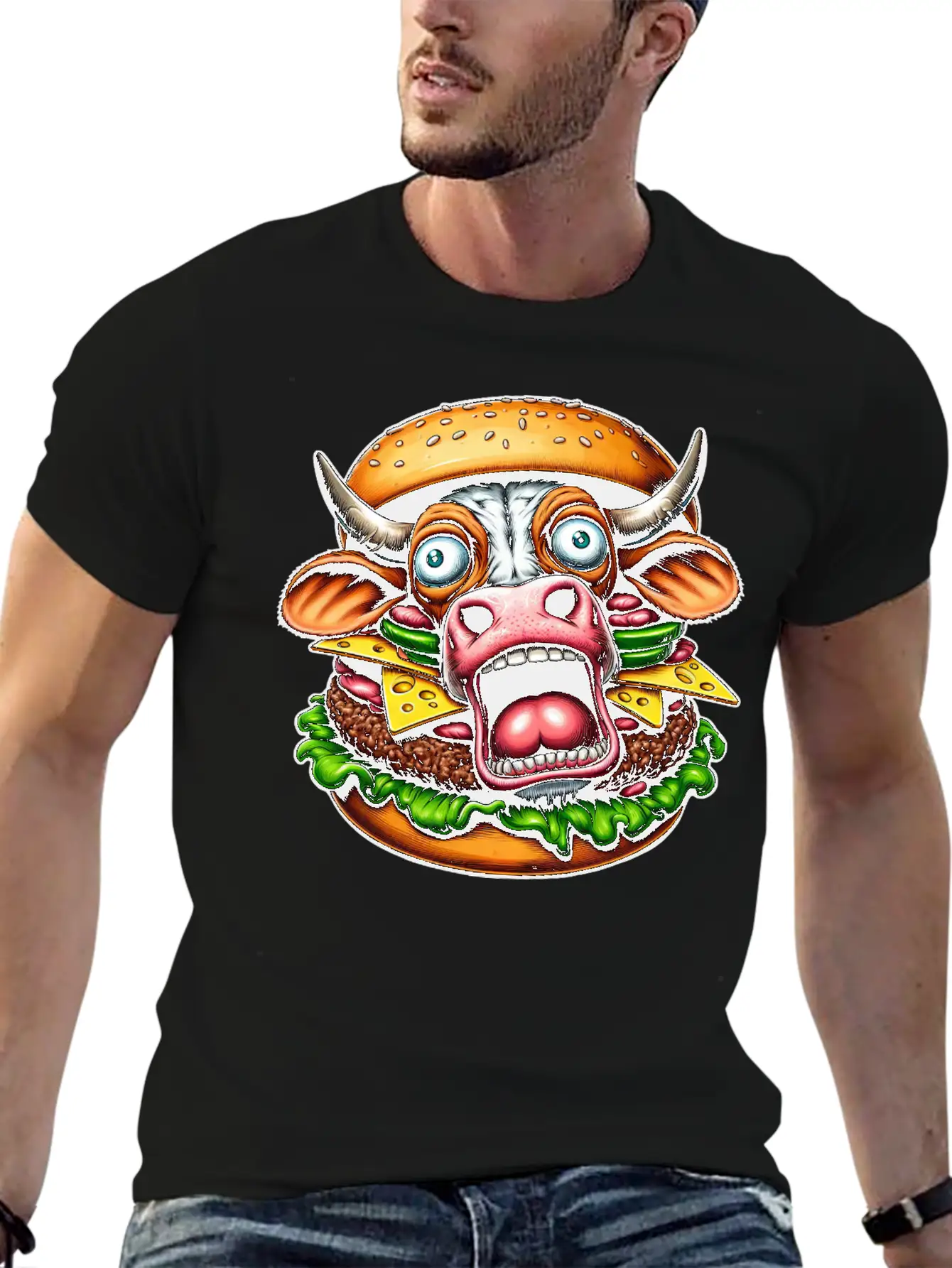 Bizarre Halloween Burger Screaming Cow Horror Unisex Casual T-Shirt – Clean Design For Daily Comfort