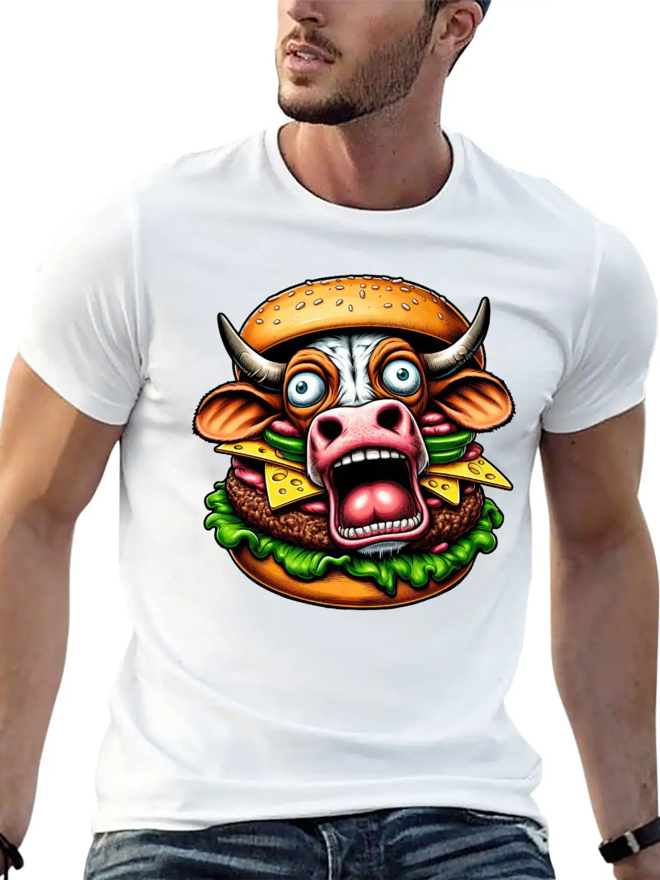Bizarre Halloween Burger Screaming Cow Horror Unisex Casual T-Shirt – Clean Design For Daily Comfort