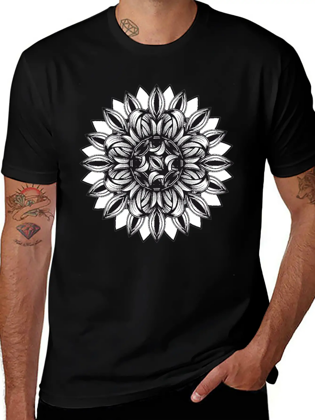 Black And White Tangled Flower Ornament Classic Cotton Tee – Unisex Comfort For Any Season