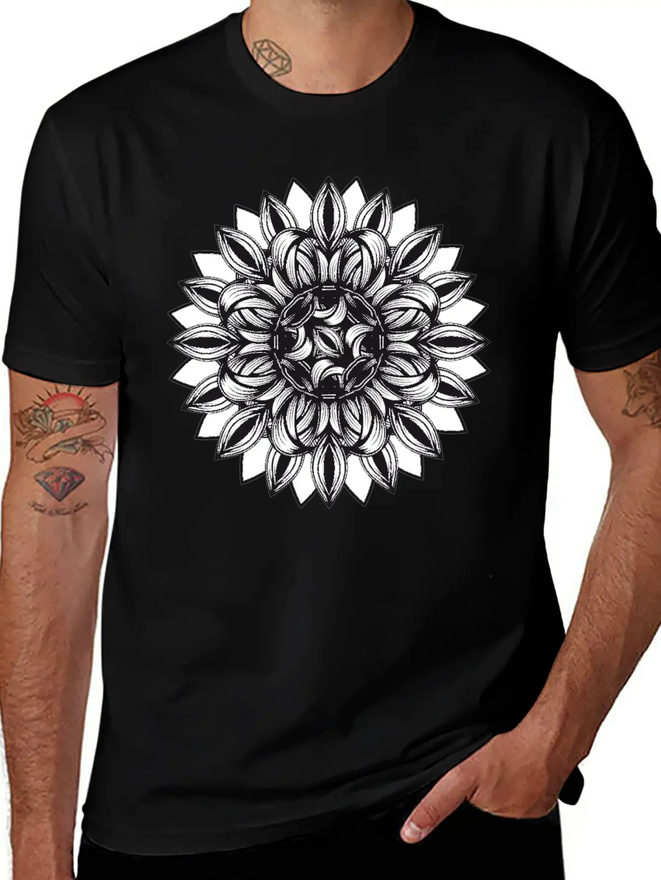 Black And White Tangled Flower Ornament Classic Cotton Tee – Unisex Comfort For Any Season