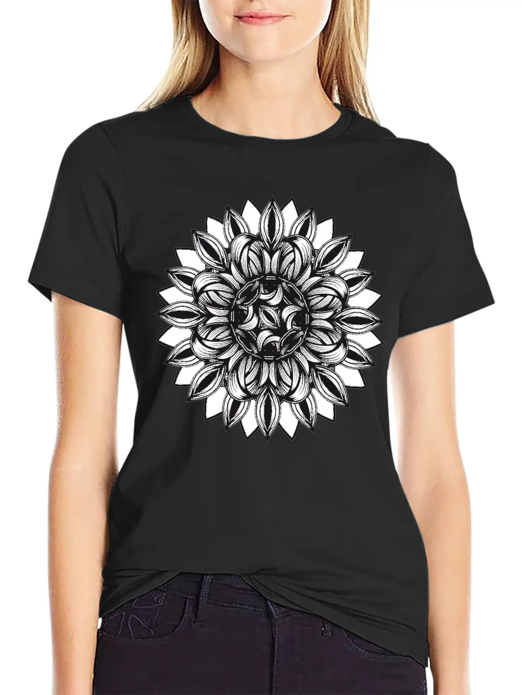 Black And White Tangled Flower Ornament Classic Cotton Tee – Unisex Comfort For Any Season