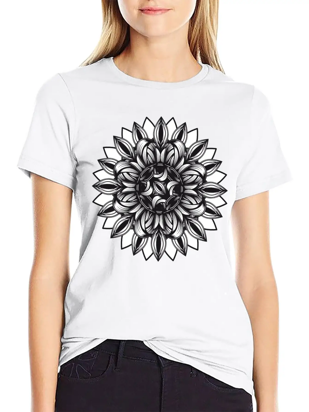 Black And White Tangled Flower Ornament Classic Cotton Tee – Unisex Comfort For Any Season