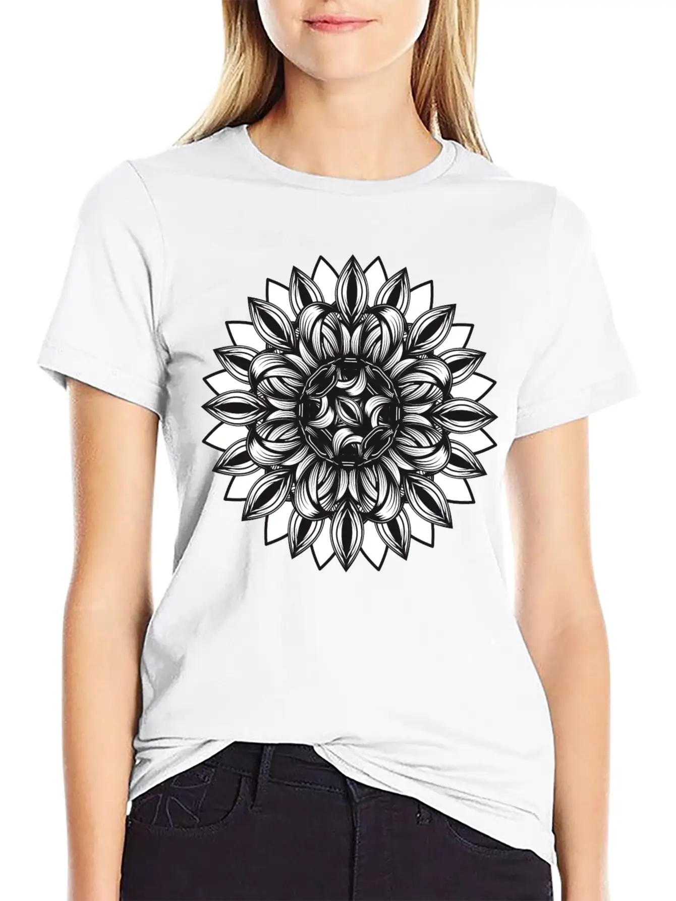 Black And White Tangled Flower Ornament Classic Cotton Tee – Unisex Comfort For Any Season
