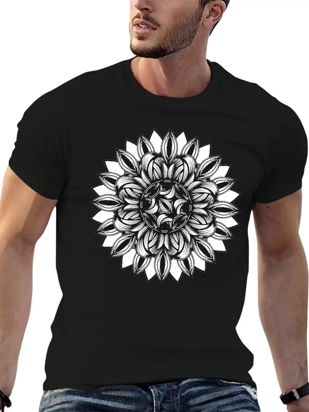 Black And White Tangled Flower Ornament Classic Cotton Tee – Unisex Comfort For Any Season