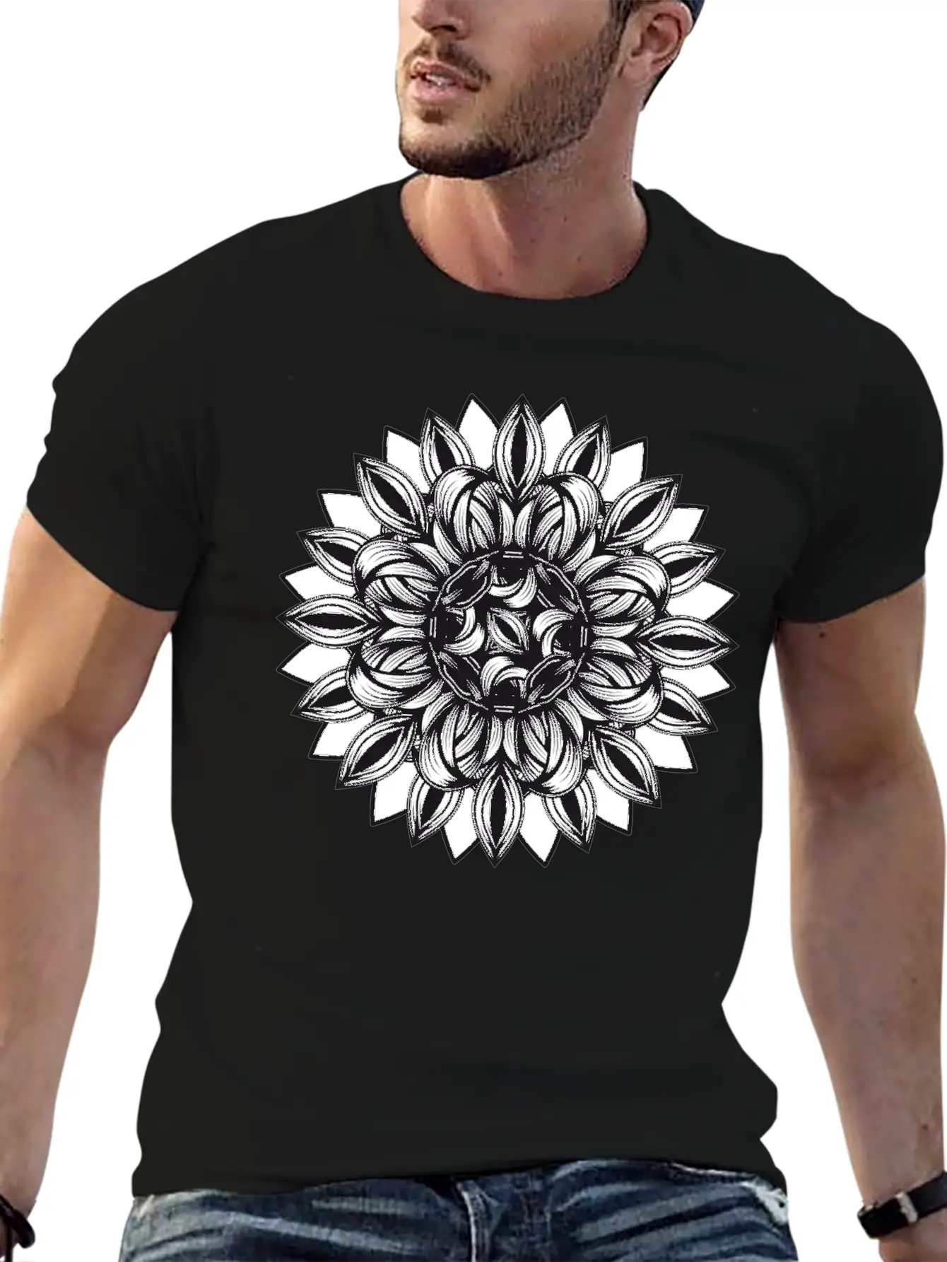 Black And White Tangled Flower Ornament Classic Cotton Tee – Unisex Comfort For Any Season