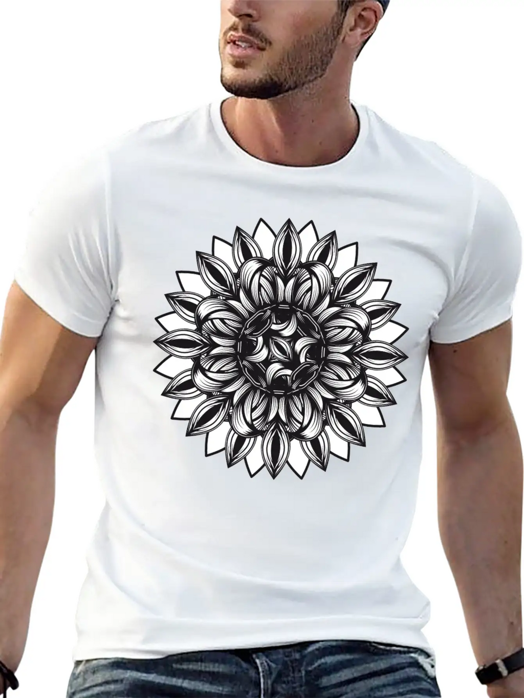 Black And White Tangled Flower Ornament Classic Cotton Tee – Unisex Comfort For Any Season