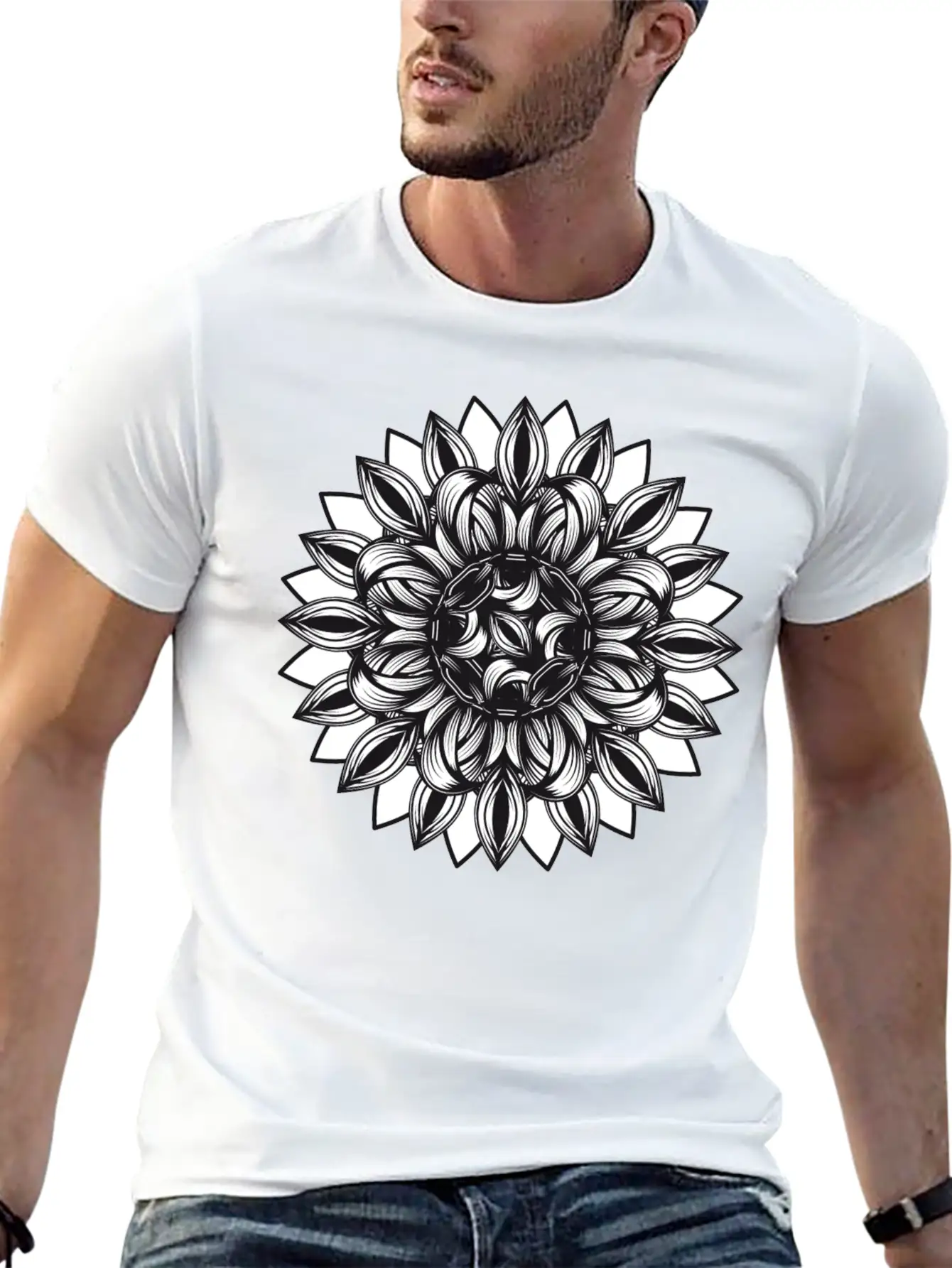 Black And White Tangled Flower Ornament Classic Cotton Tee – Unisex Comfort For Any Season