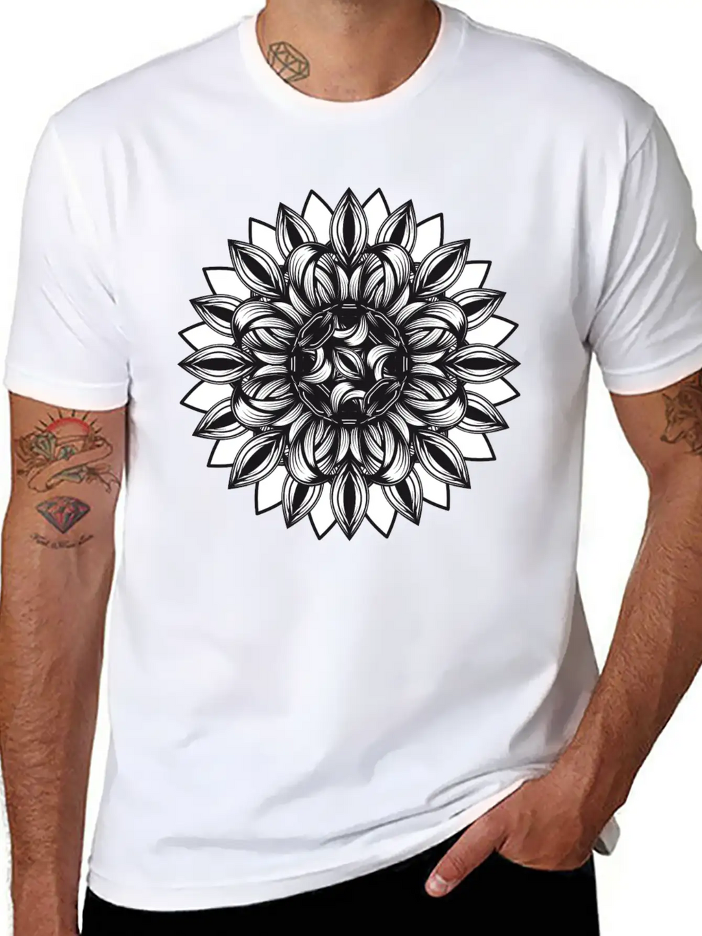 Black And White Tangled Flower Ornament Classic Cotton Tee – Unisex Comfort For Any Season