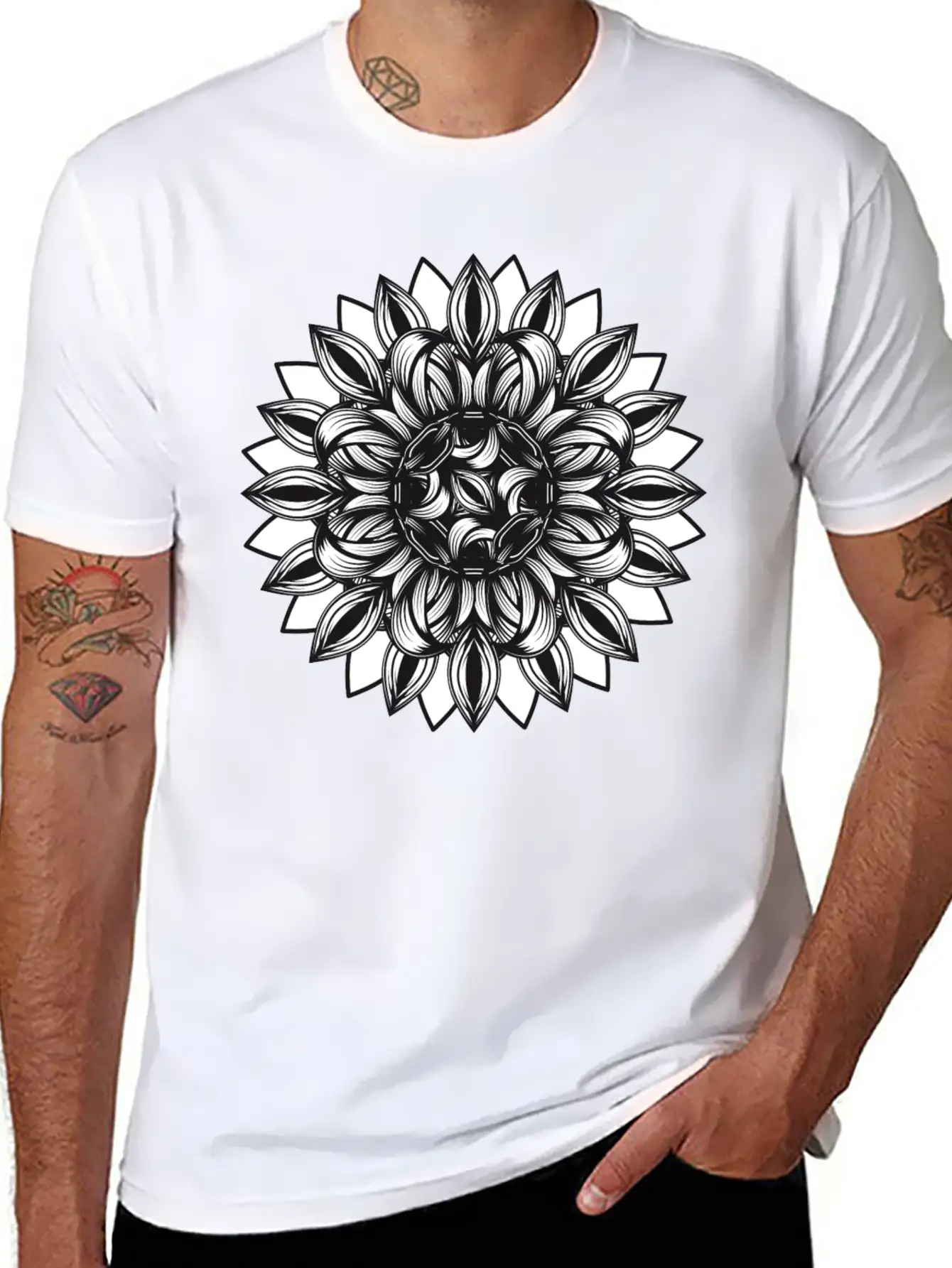 Black And White Tangled Flower Ornament Classic Cotton Tee – Unisex Comfort For Any Season