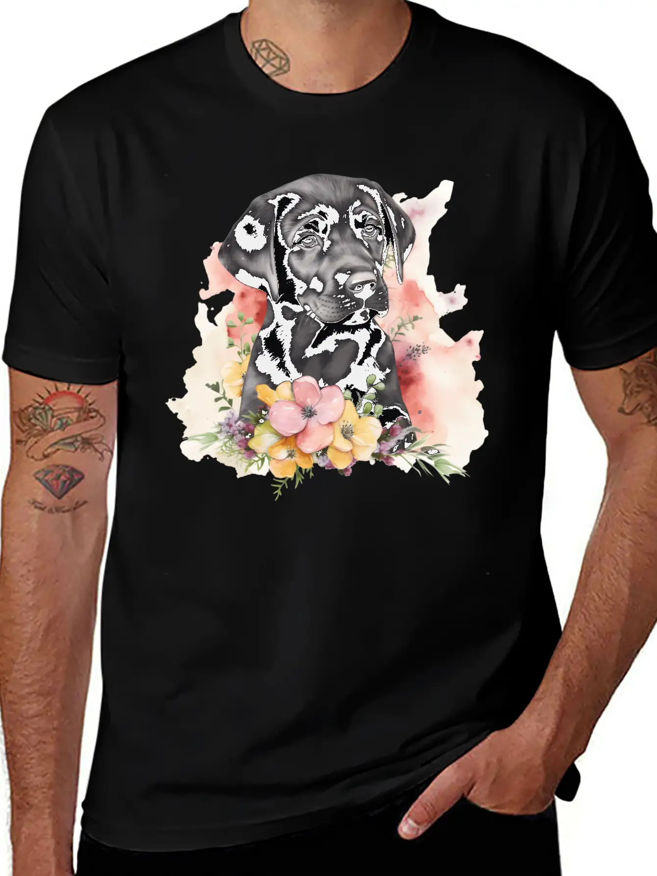Black Lab Dog Watercolor Floral Basic Graphic T-Shirt – Daily Comfort In Soft Cotton