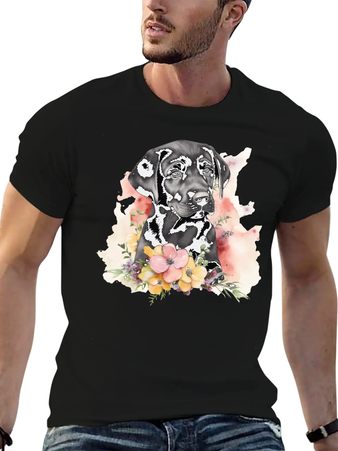 Black Lab Dog Watercolor Floral Basic Graphic T-Shirt – Daily Comfort In Soft Cotton