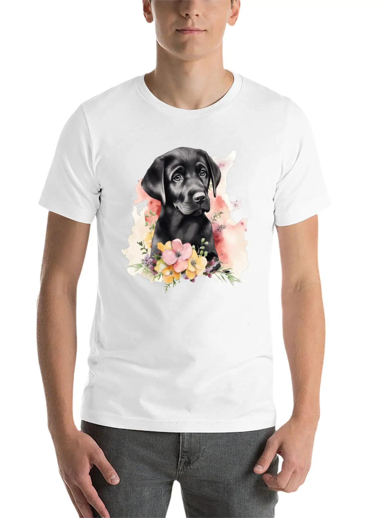 Black Lab Dog Watercolor Floral Basic Graphic T-Shirt – Daily Comfort In Soft Cotton