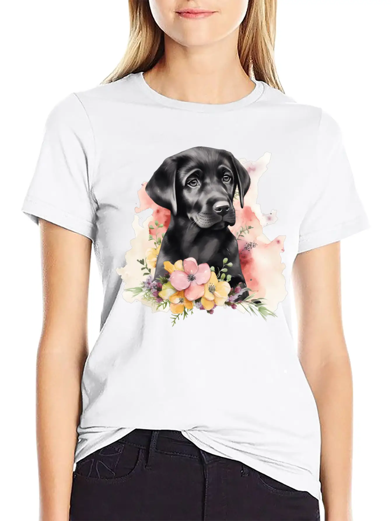 Black Lab Dog Watercolor Floral Basic Graphic T-Shirt – Daily Comfort In Soft Cotton
