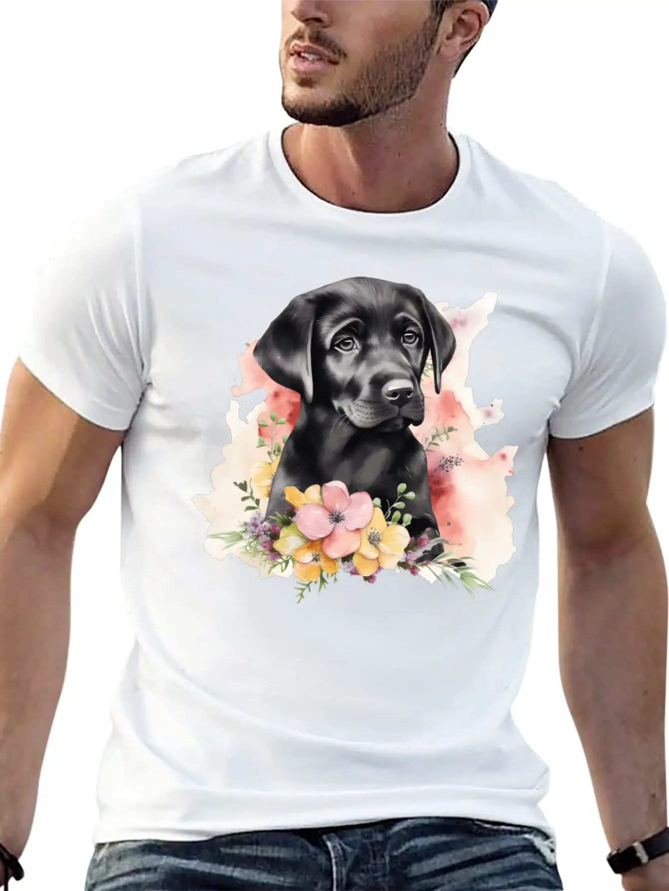 Black Lab Dog Watercolor Floral Basic Graphic T-Shirt – Daily Comfort In Soft Cotton