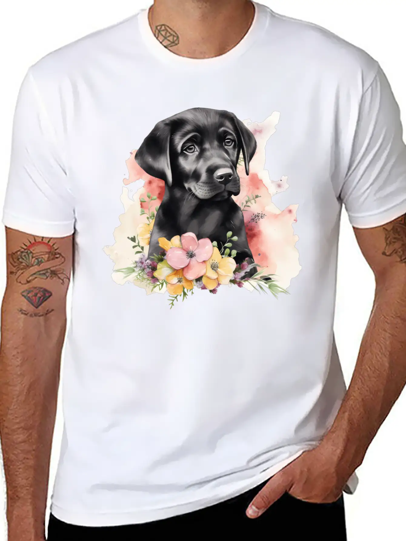 Black Lab Dog Watercolor Floral Basic Graphic T-Shirt – Daily Comfort In Soft Cotton
