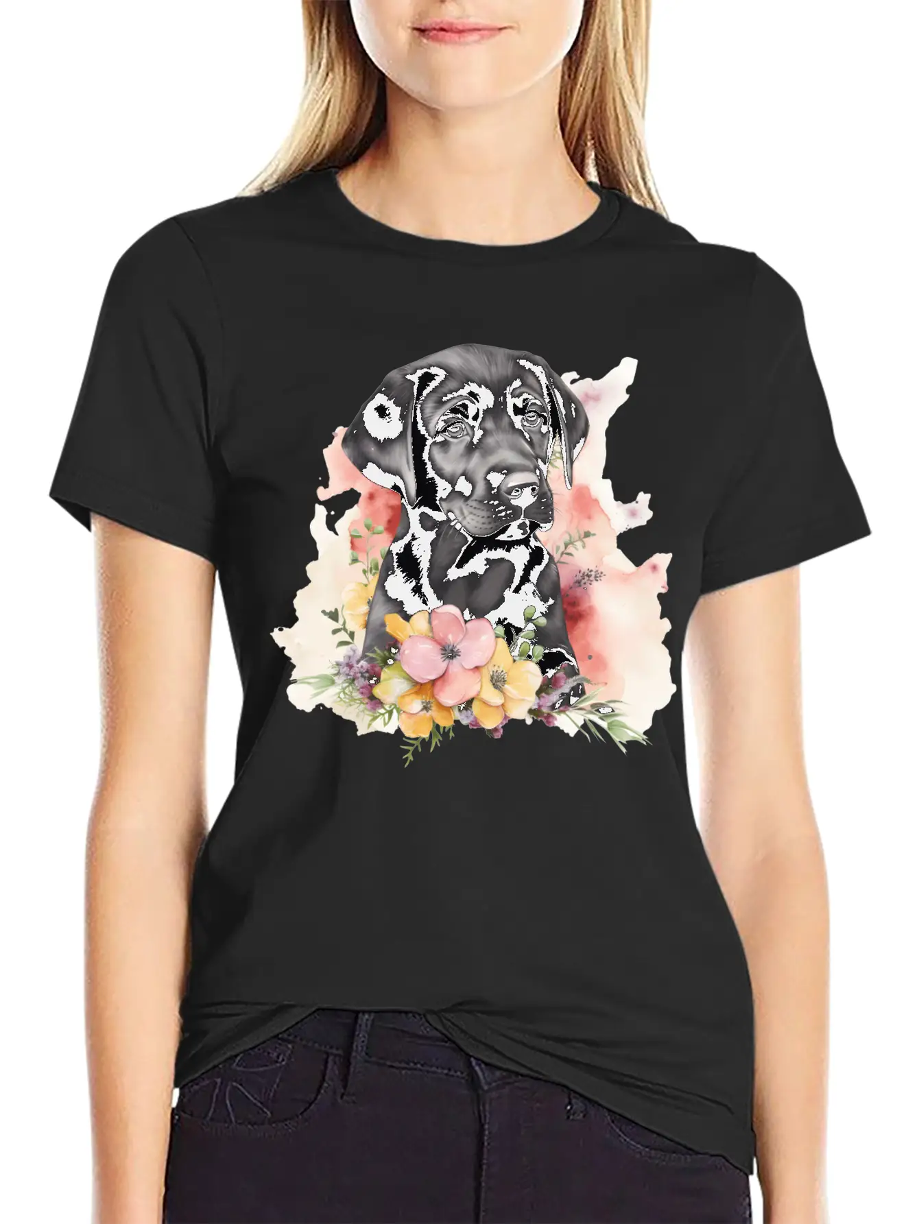 Black Lab Dog Watercolor Floral Basic Graphic T-Shirt – Daily Comfort In Soft Cotton